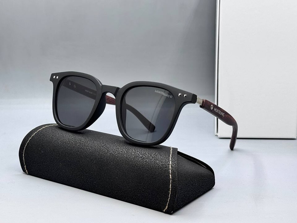 Montblanc brand Vintage Polarized Square Fashion Glasses for Women & Men - Protection, Anti-Glare Lenses, Wood Grain Temples, Black Frame with Gray Accents, Perfect for Driving, Beach Travel & Everyday Style