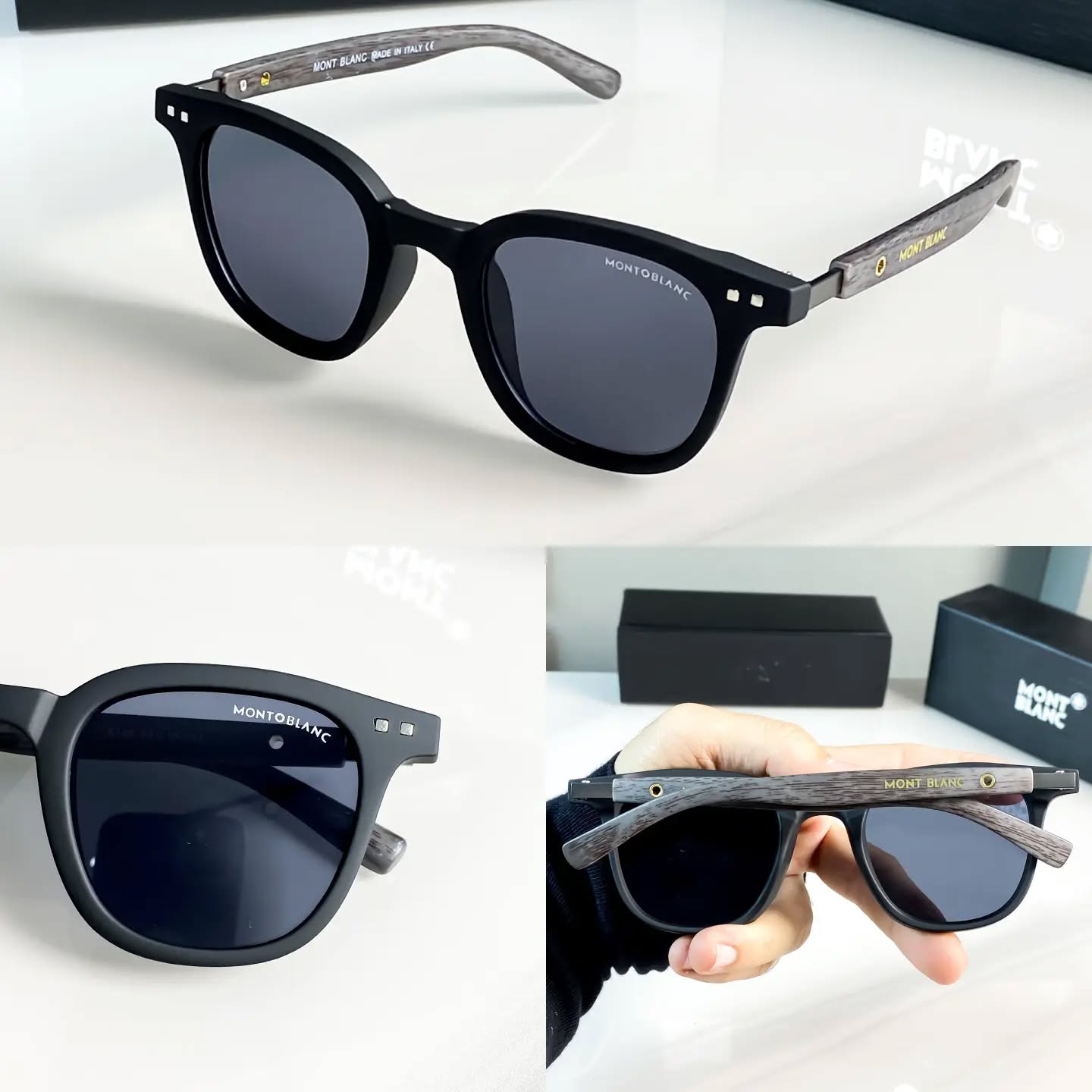 Montblanc brand Vintage Polarized Square Fashion Glasses for Women & Men - Protection, Anti-Glare Lenses, Wood Grain Temples, Black Frame with Gray Accents, Perfect for Driving, Beach Travel & Everyday Style - Image 4