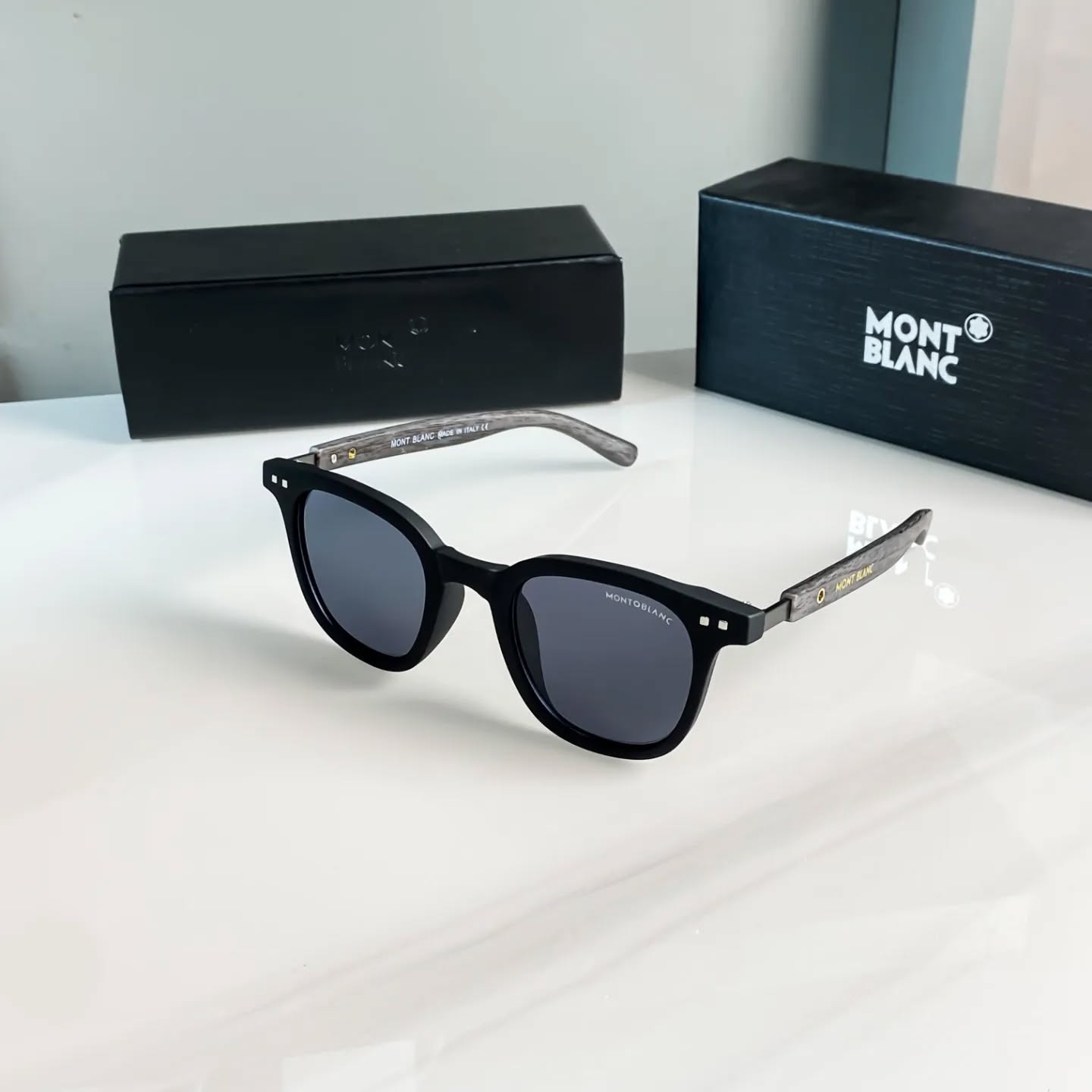 Montblanc brand Vintage Polarized Square Fashion Glasses for Women & Men - Protection, Anti-Glare Lenses, Wood Grain Temples, Black Frame with Gray Accents, Perfect for Driving, Beach Travel & Everyday Style - Image 3
