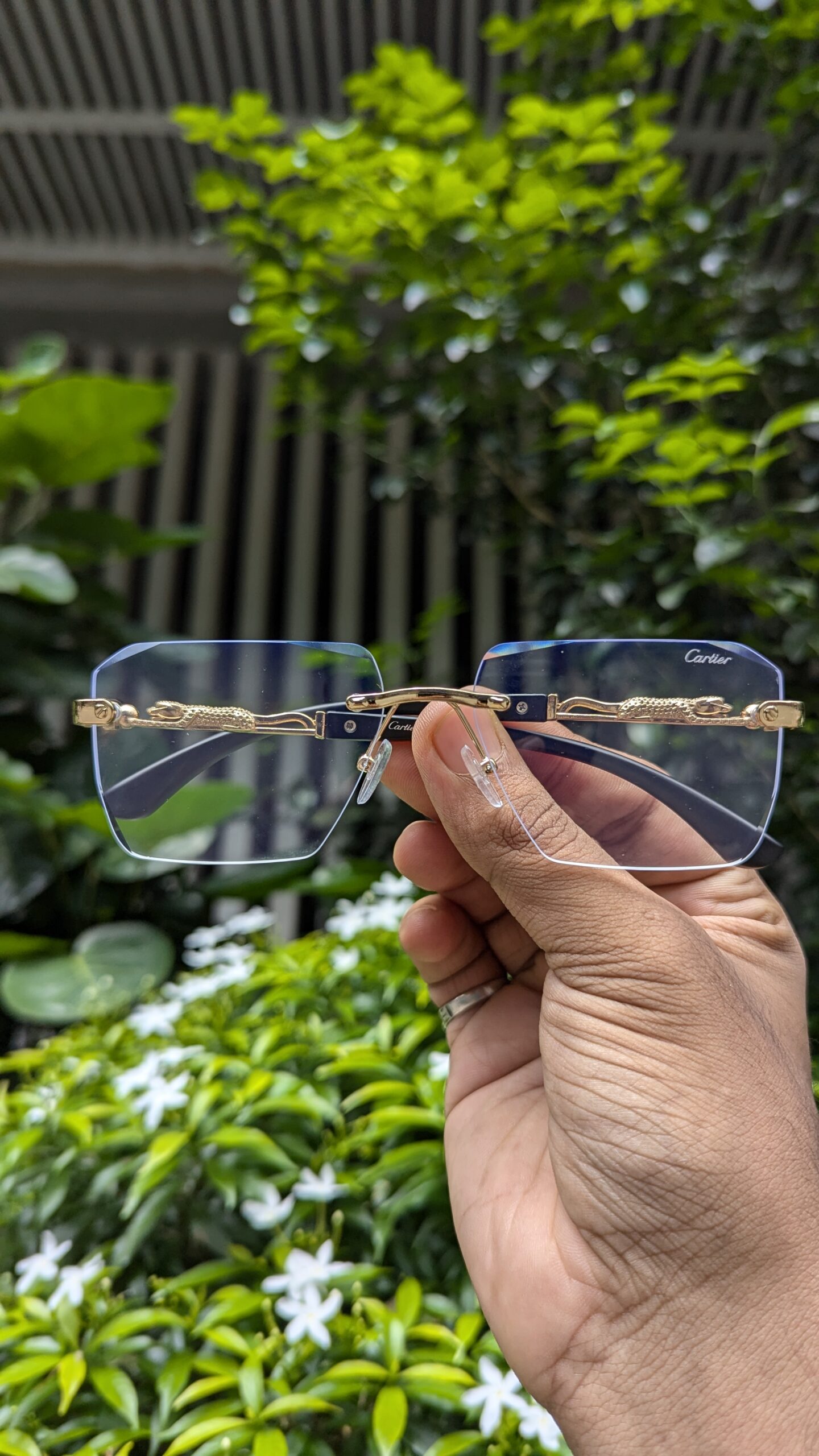Trendy Vintage Rimless Polygonal Faceted Lens Sunglasses, With Leopard Design Temples, For Men Women Party Vacation Travel Driving Fishing Decors - Image 2