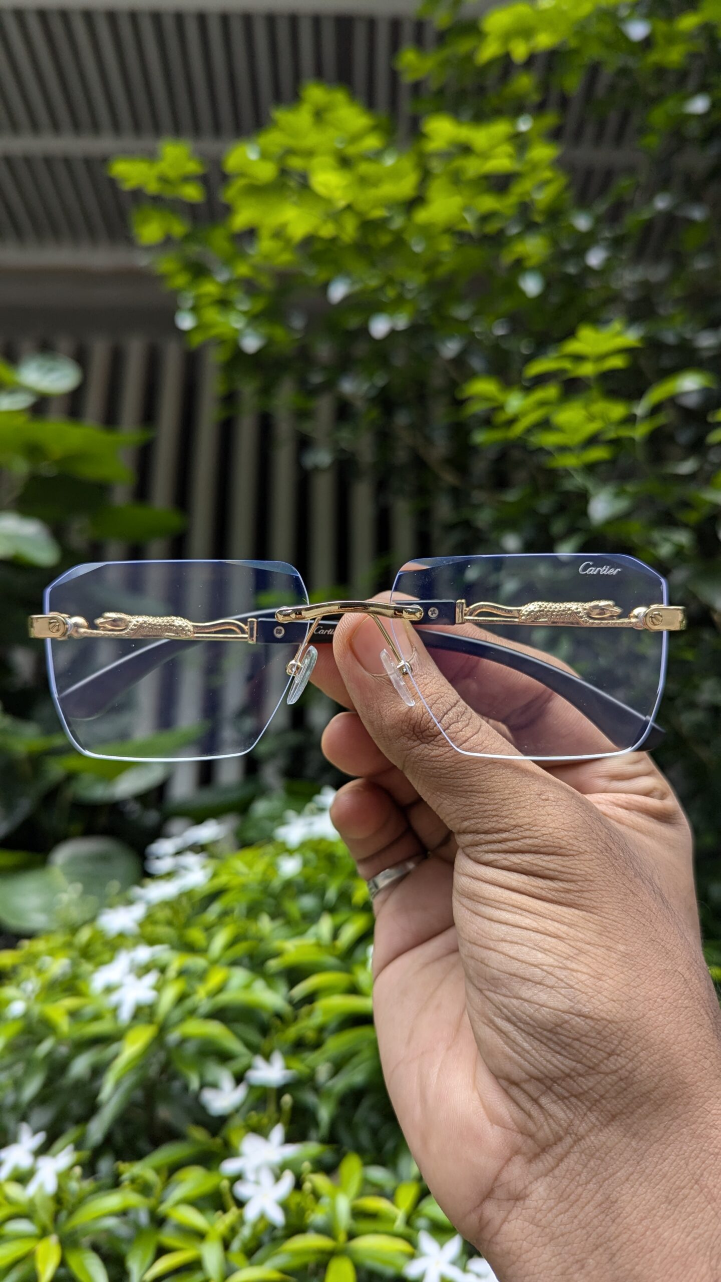Trendy Vintage Rimless Polygonal Faceted Lens Sunglasses, With Leopard Design Temples, For Men Women Party Vacation Travel Driving Fishing Decors