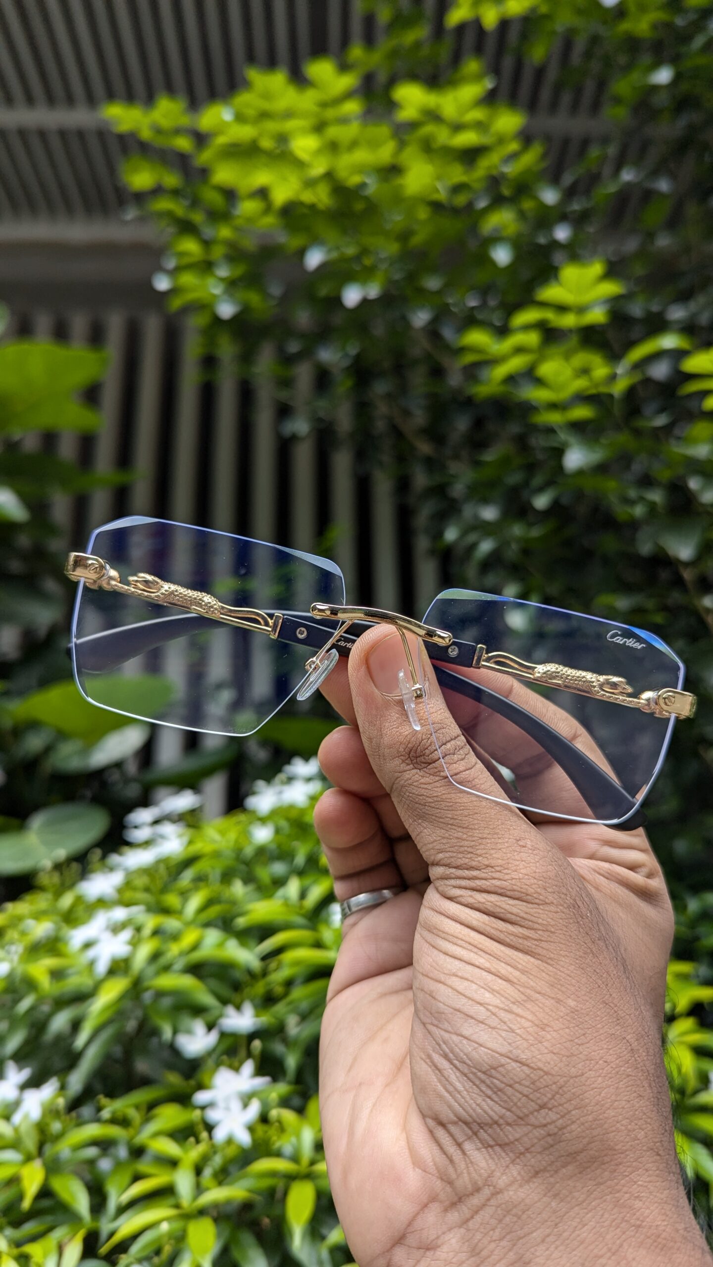 Trendy Vintage Rimless Polygonal Faceted Lens Sunglasses, With Leopard Design Temples, For Men Women Party Vacation Travel Driving Fishing Decors - Image 3