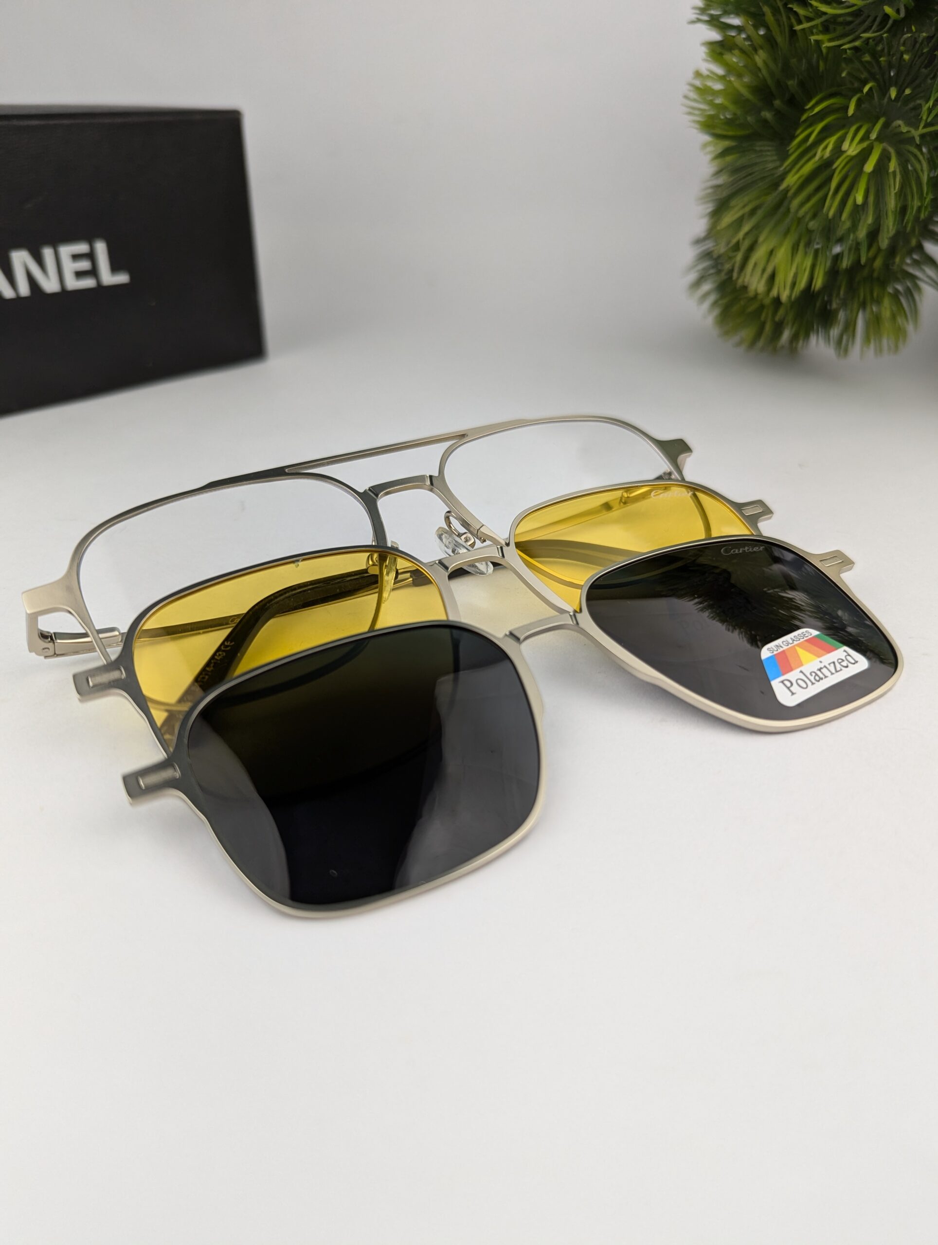 Cartier 3 In 1 Sunglasses Men Polarized Sunglasses Night Vision Eyewear Magnetic Sun Glasses Frame Spectacles 3 Lens Unisex Anti-UV Spectacles Fashion Eyeglass - Image 3