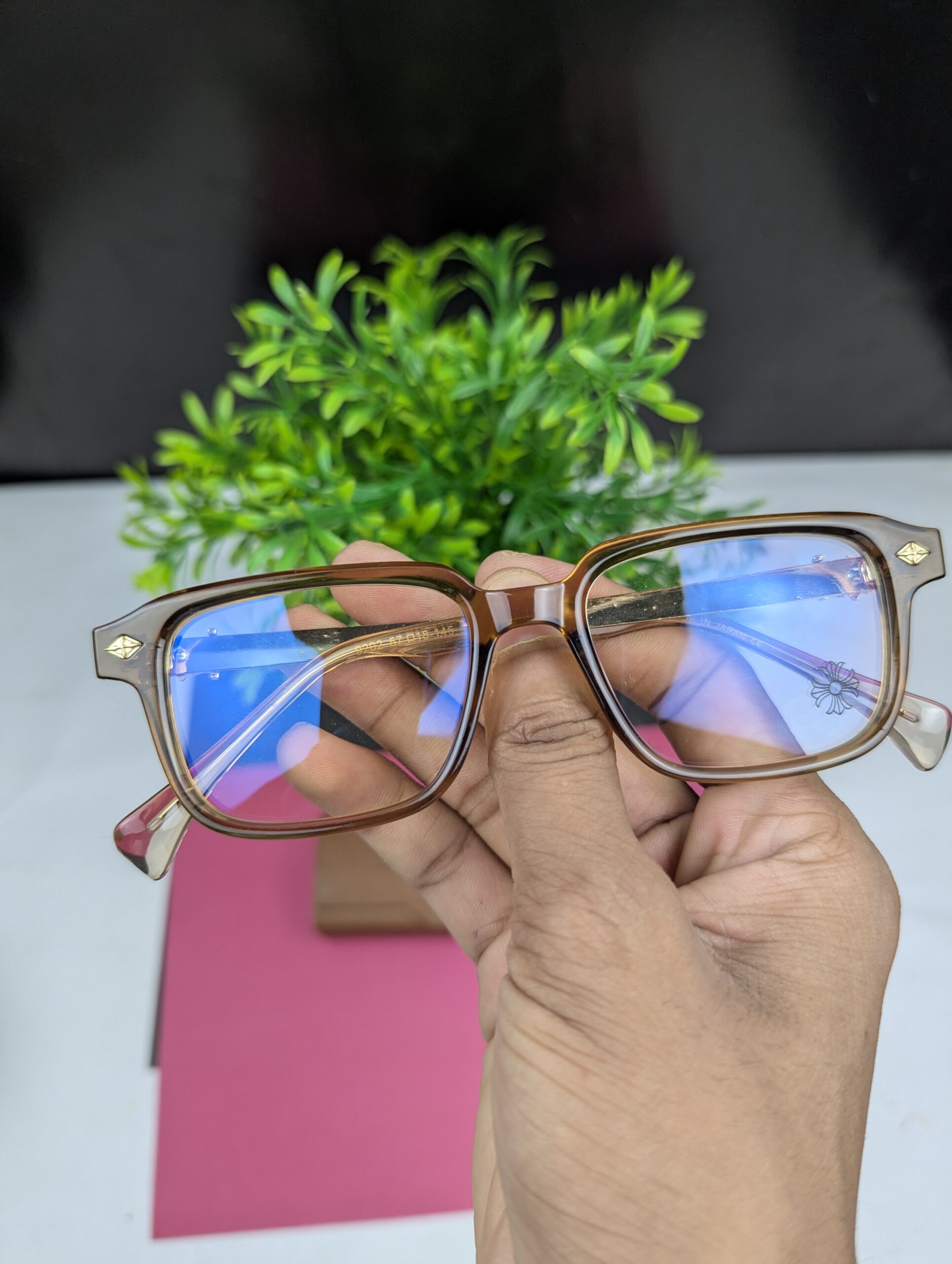 Chrome Hearts Stylish Square Anti-Blue Light Clear Glasses Frame - Transparent Brown - Image 2