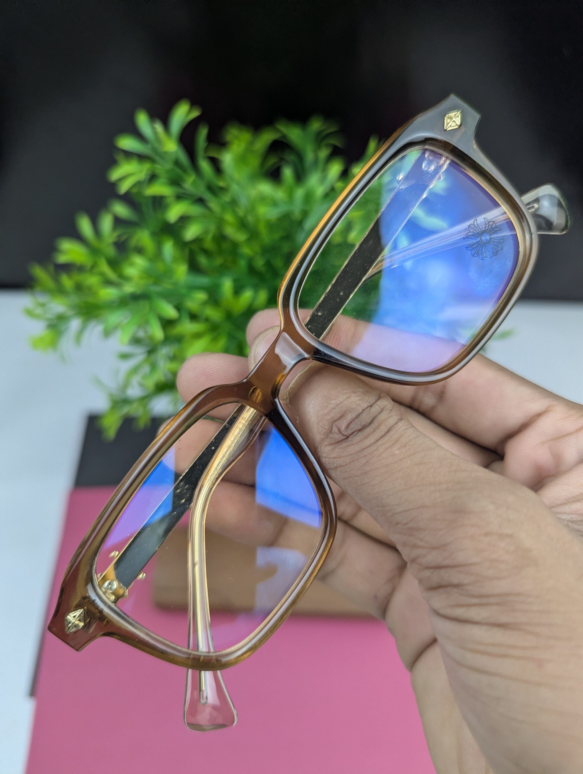Chrome Hearts Stylish Square Anti-Blue Light Clear Glasses Frame - Transparent Brown