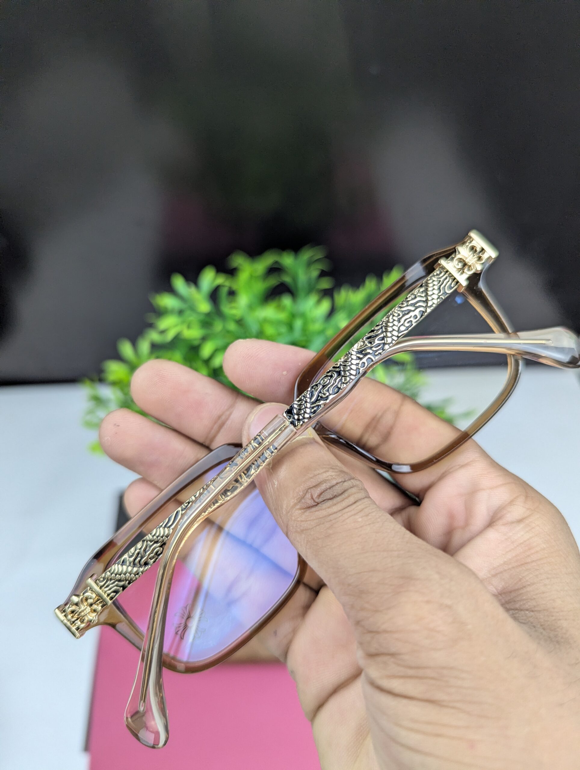 Chrome Hearts Stylish Square Anti-Blue Light Clear Glasses Frame - Transparent Brown - Image 4