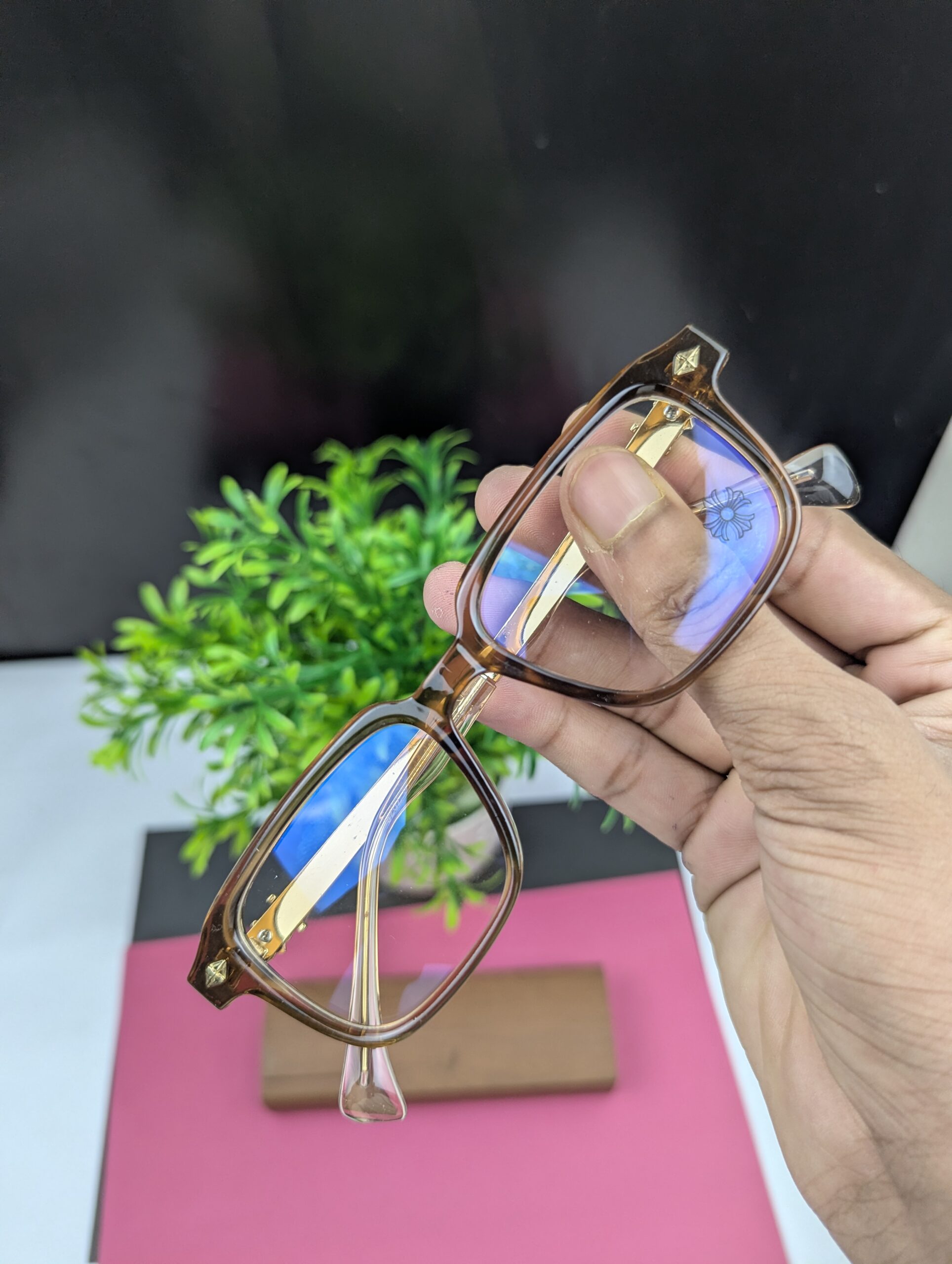 Chrome Hearts Stylish Square Anti-Blue Light Clear Glasses Frame - Transparent Brown - Image 3