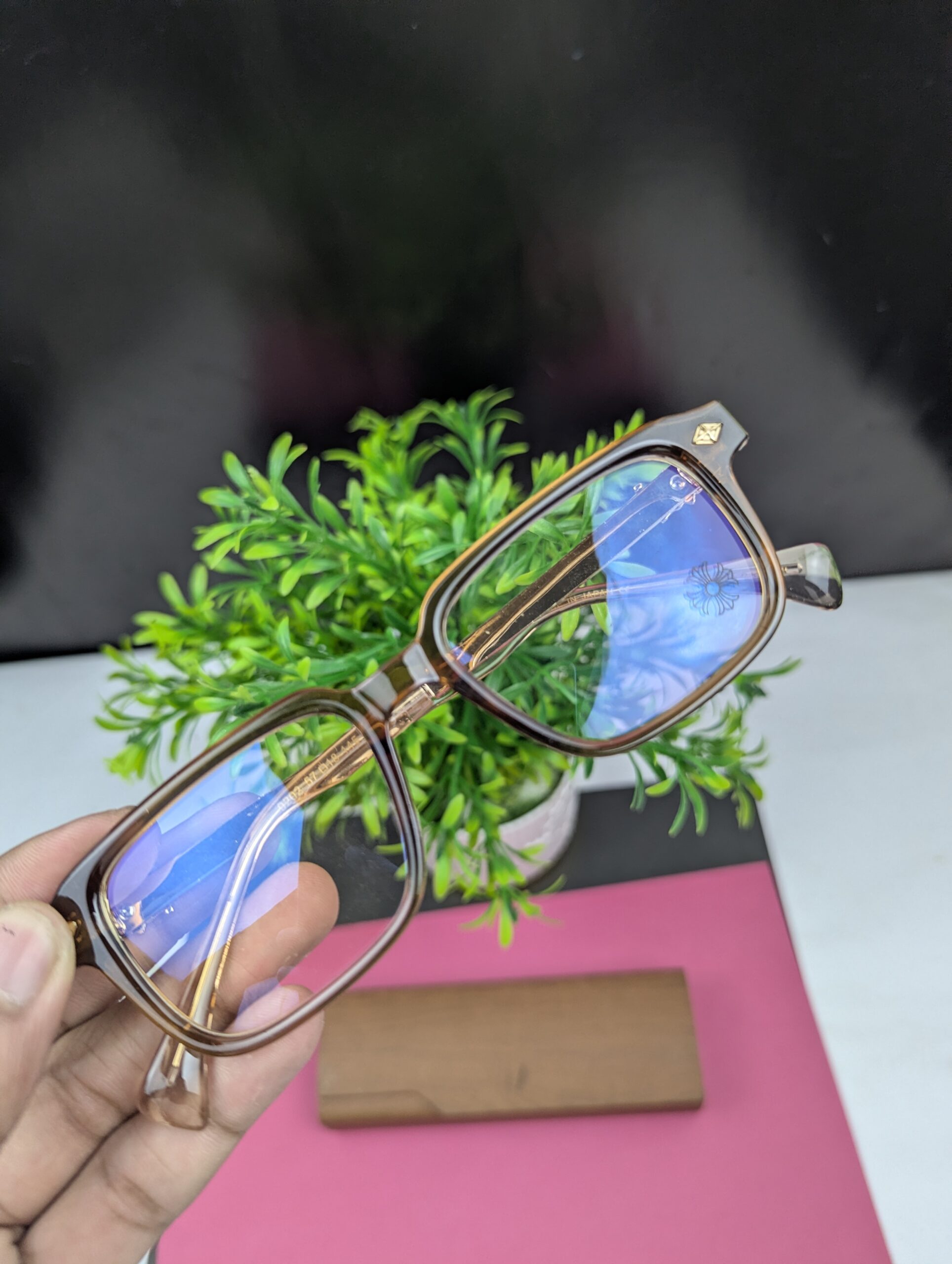 Chrome Hearts Stylish Square Anti-Blue Light Clear Glasses Frame - Transparent Brown - Image 5