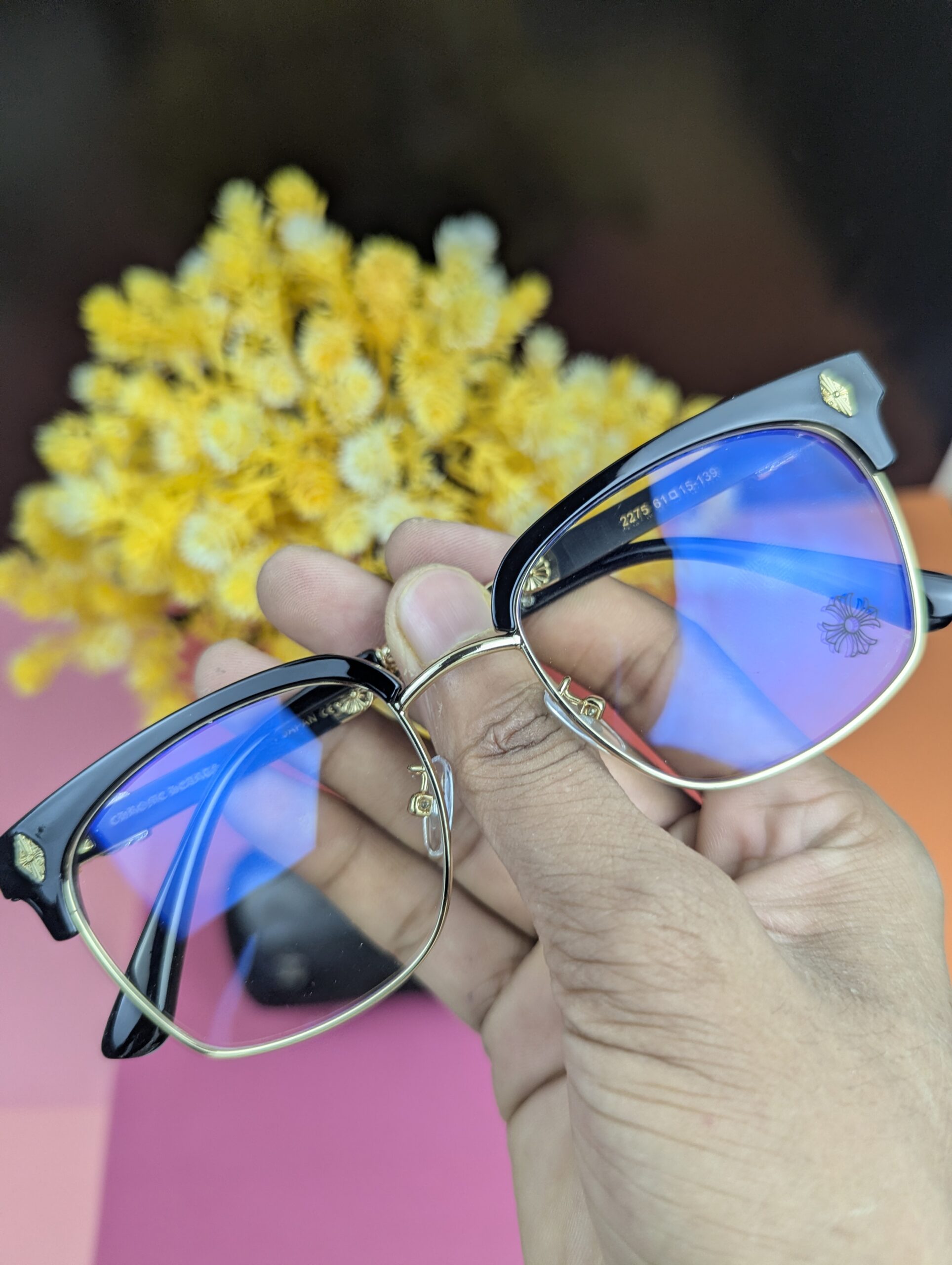 Chrome Hearts Clubmaster Style Anti-Blue Light Glasses – Black & Gold Frame - Image 4