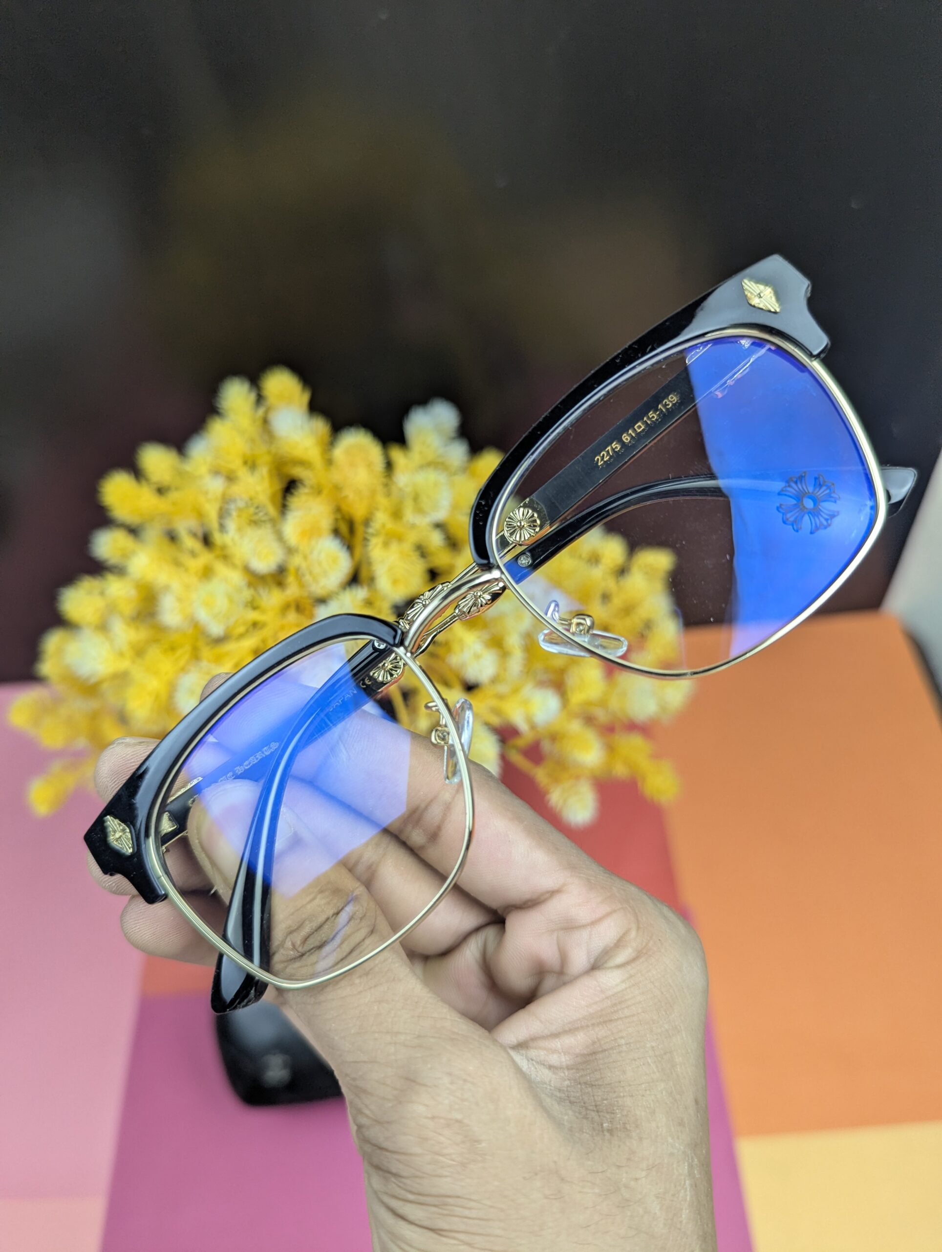 Chrome Hearts Clubmaster Style Anti-Blue Light Glasses – Black & Gold Frame - Image 2