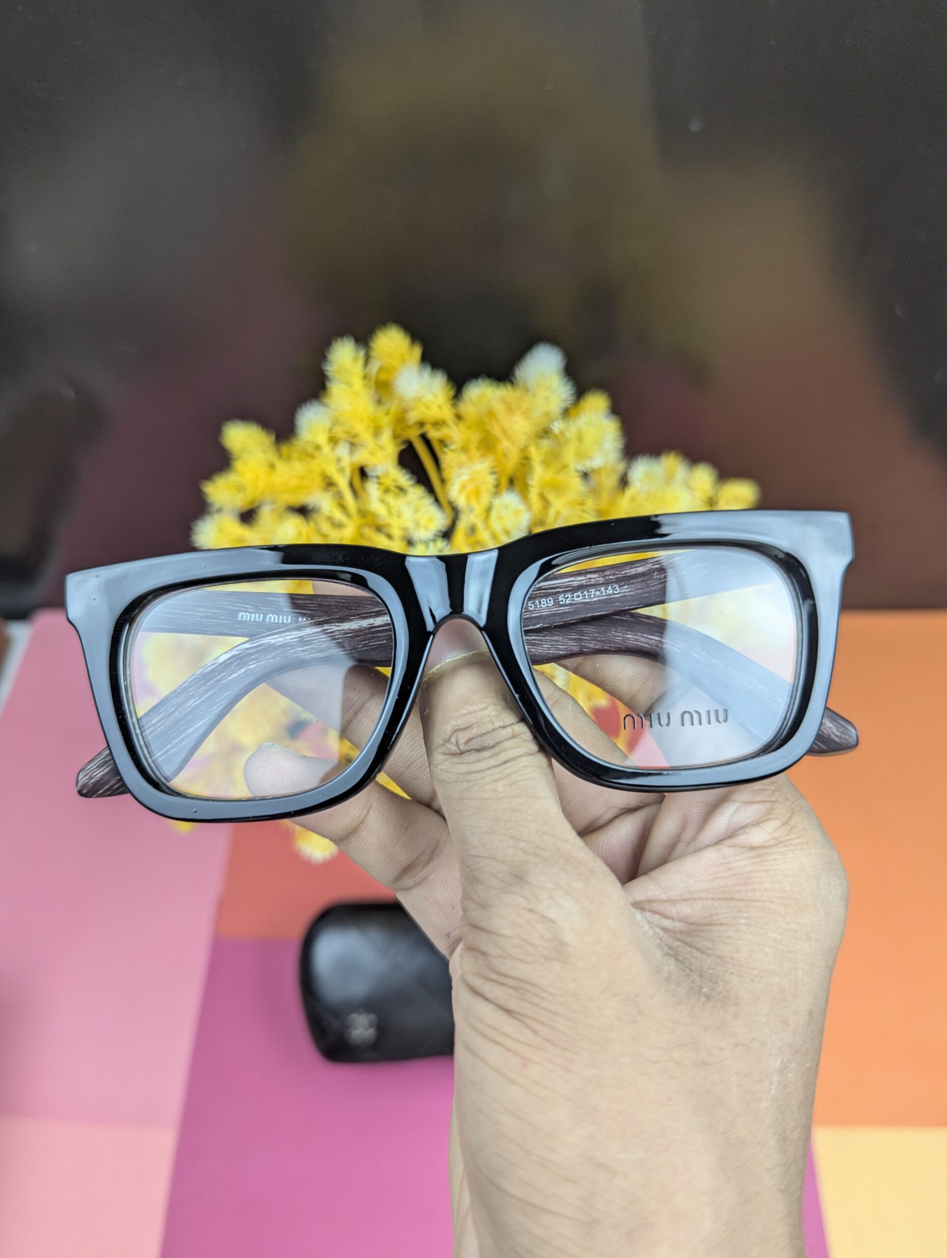 Miu Miu Style Glossy Black Rectangular Glasses – Wood Grain Temple Arms - Image 4