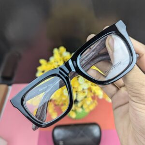 Miu Miu Style Glossy Black Rectangular Glasses – Wood Grain Temple Arms
