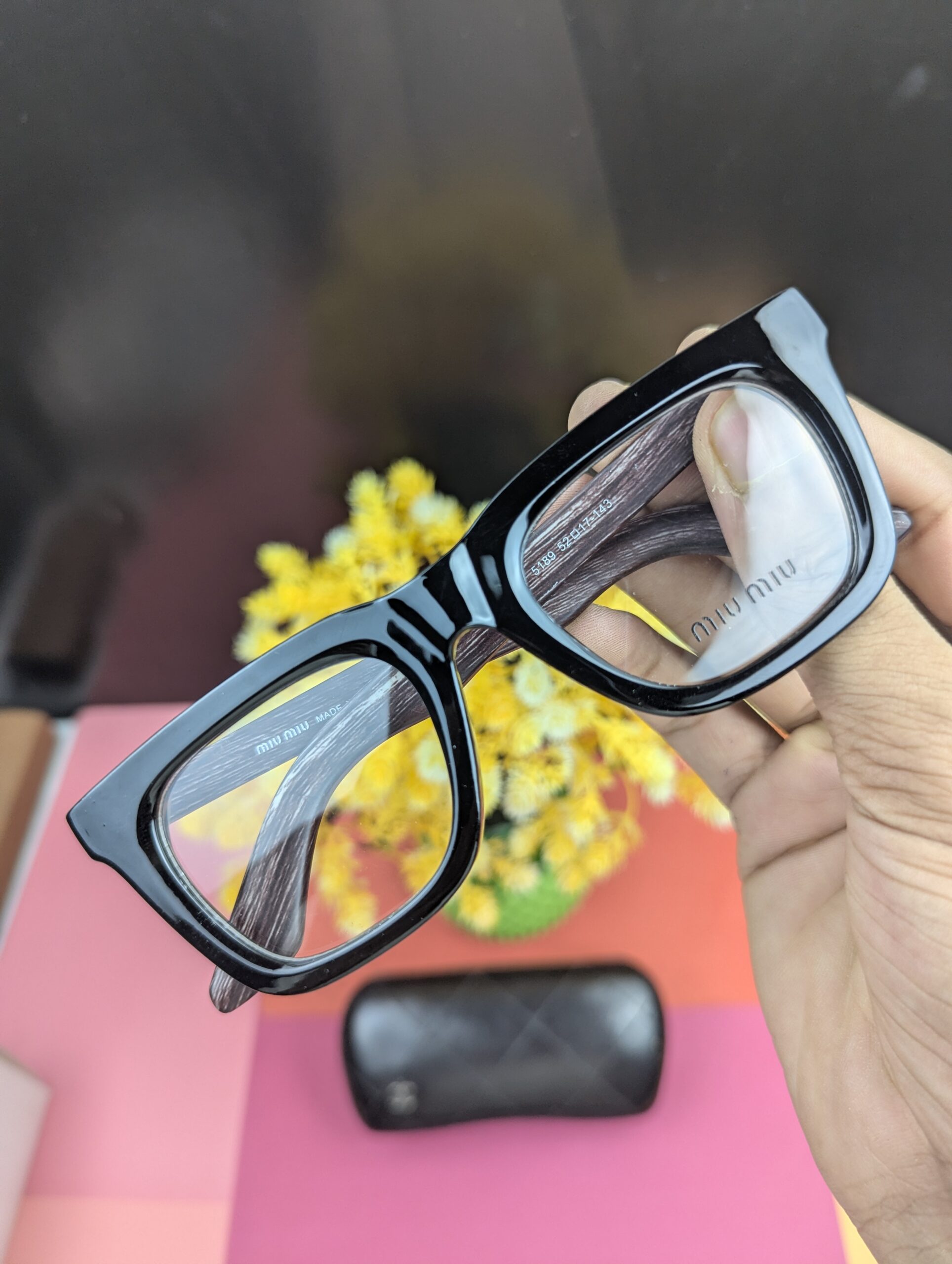 Miu Miu Style Glossy Black Rectangular Glasses – Wood Grain Temple Arms