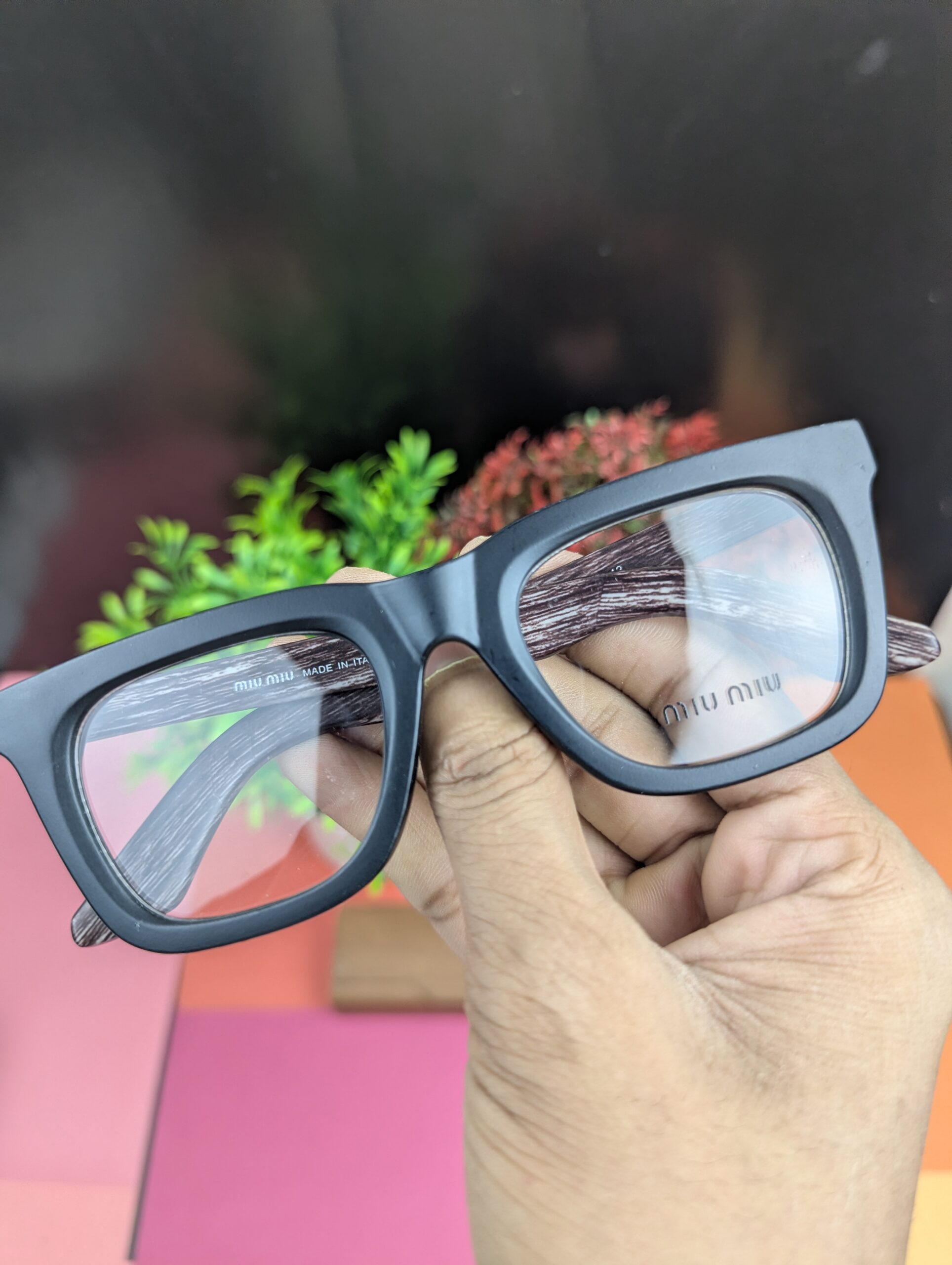 Miu Miu Stylish Square Optical Eyeglasses – Matte Black & Wood Grain Finish