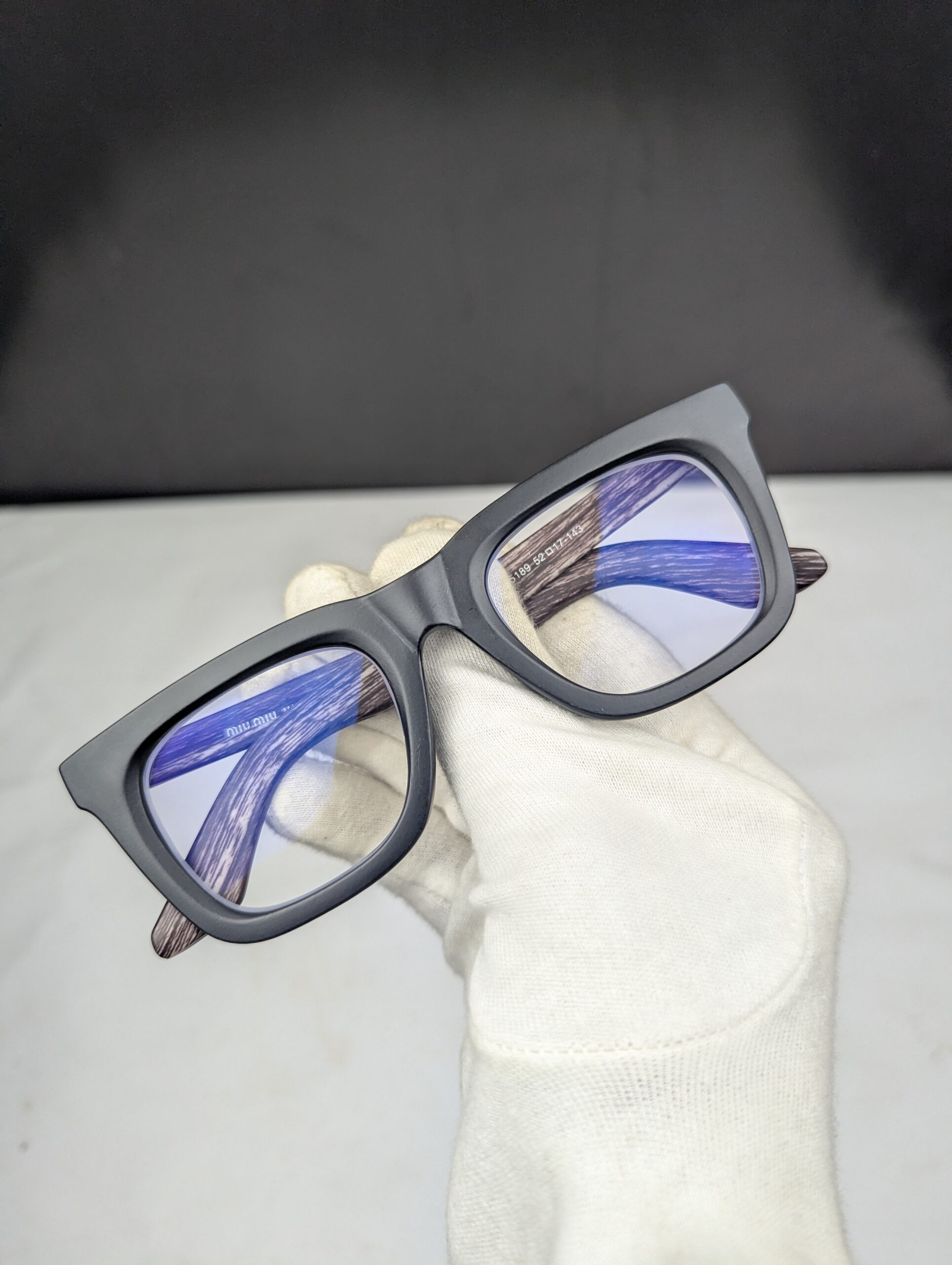 Miu Miu Premium Matte Black Square Eyeglasses with Wooden Texture Temples – Unisex Eyewear