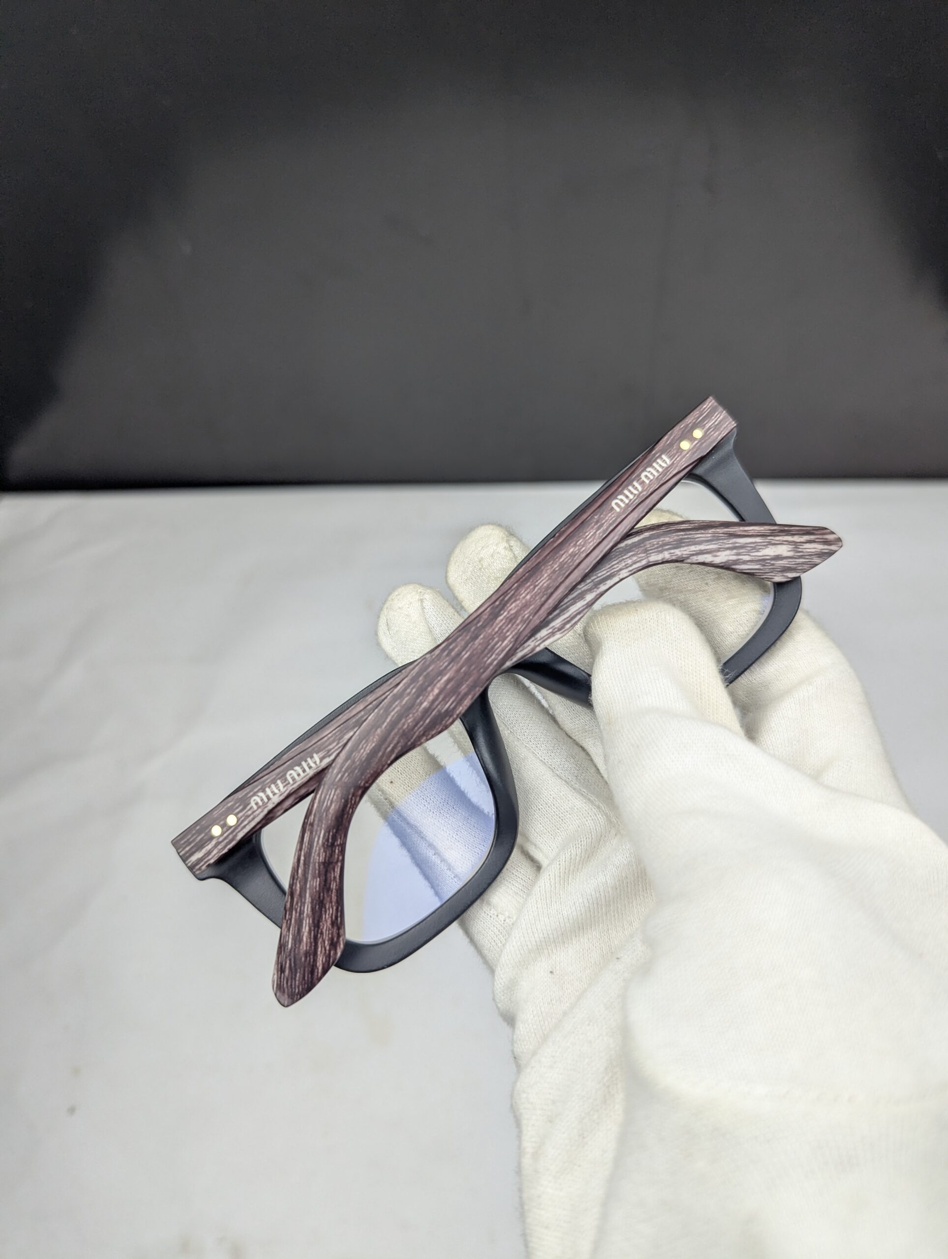 Miu Miu Premium Matte Black Square Eyeglasses with Wooden Texture Temples – Unisex Eyewear - Image 2