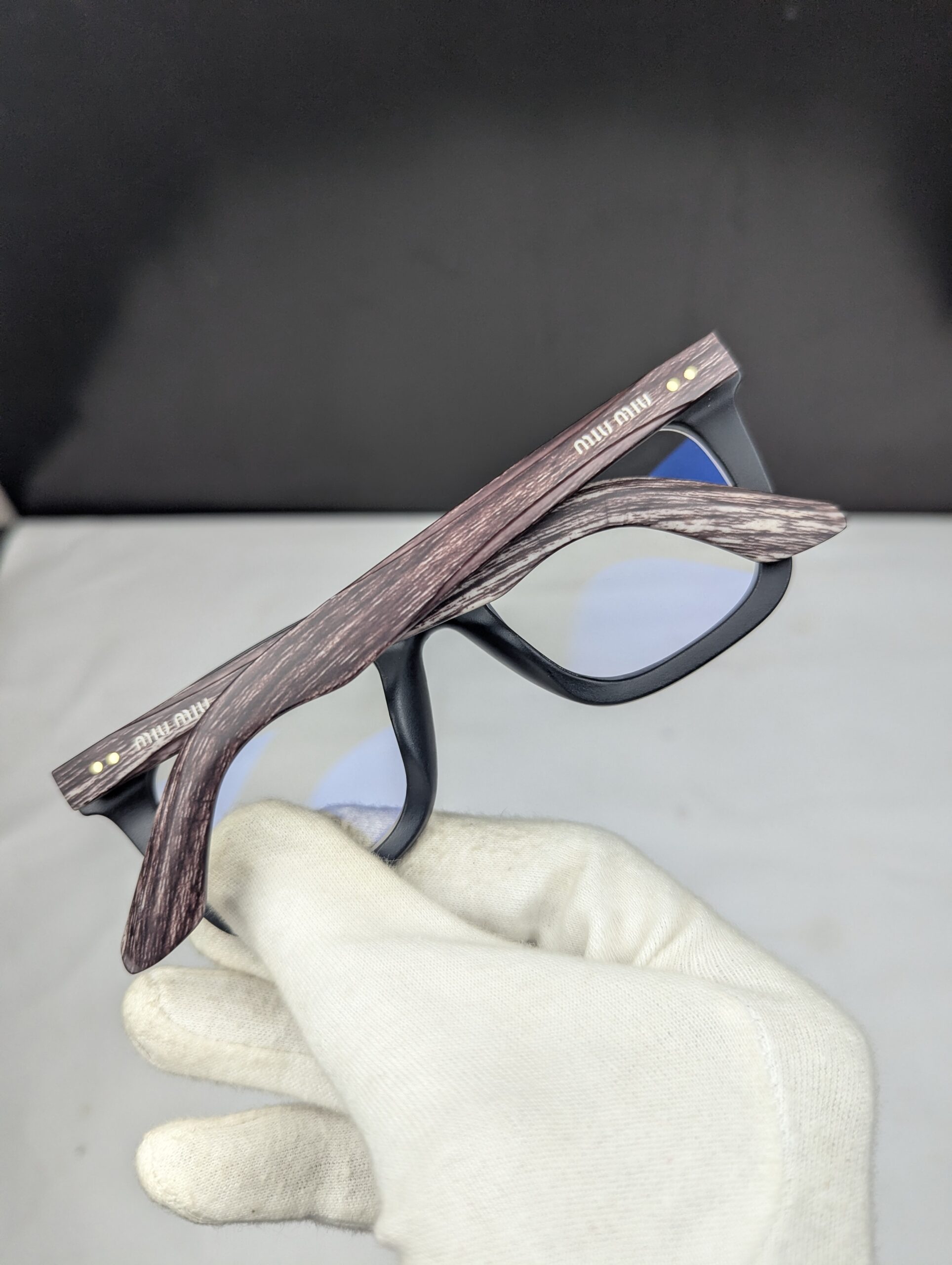 Miu Miu Premium Matte Black Square Eyeglasses with Wooden Texture Temples – Unisex Eyewear - Image 3