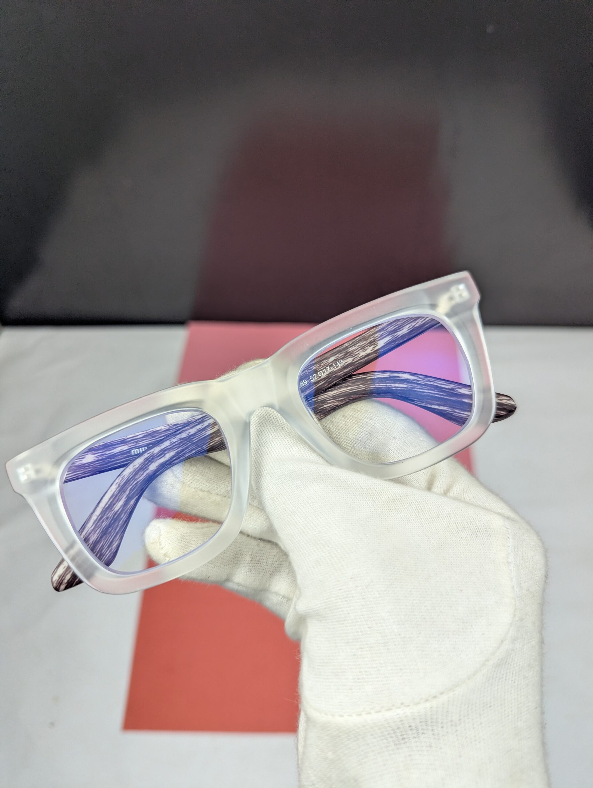 Modern Matte Translucent Square Blue Light Blocking Eyeglasses with Wood-Grain Temples