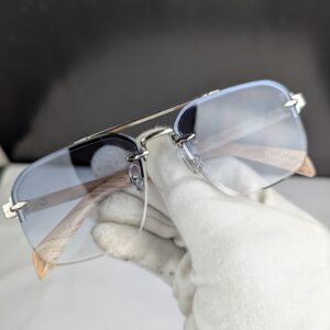 Luxury Rimless Square Sunglasses with Light Wood Grain Temples & Gradient Blue Lenses