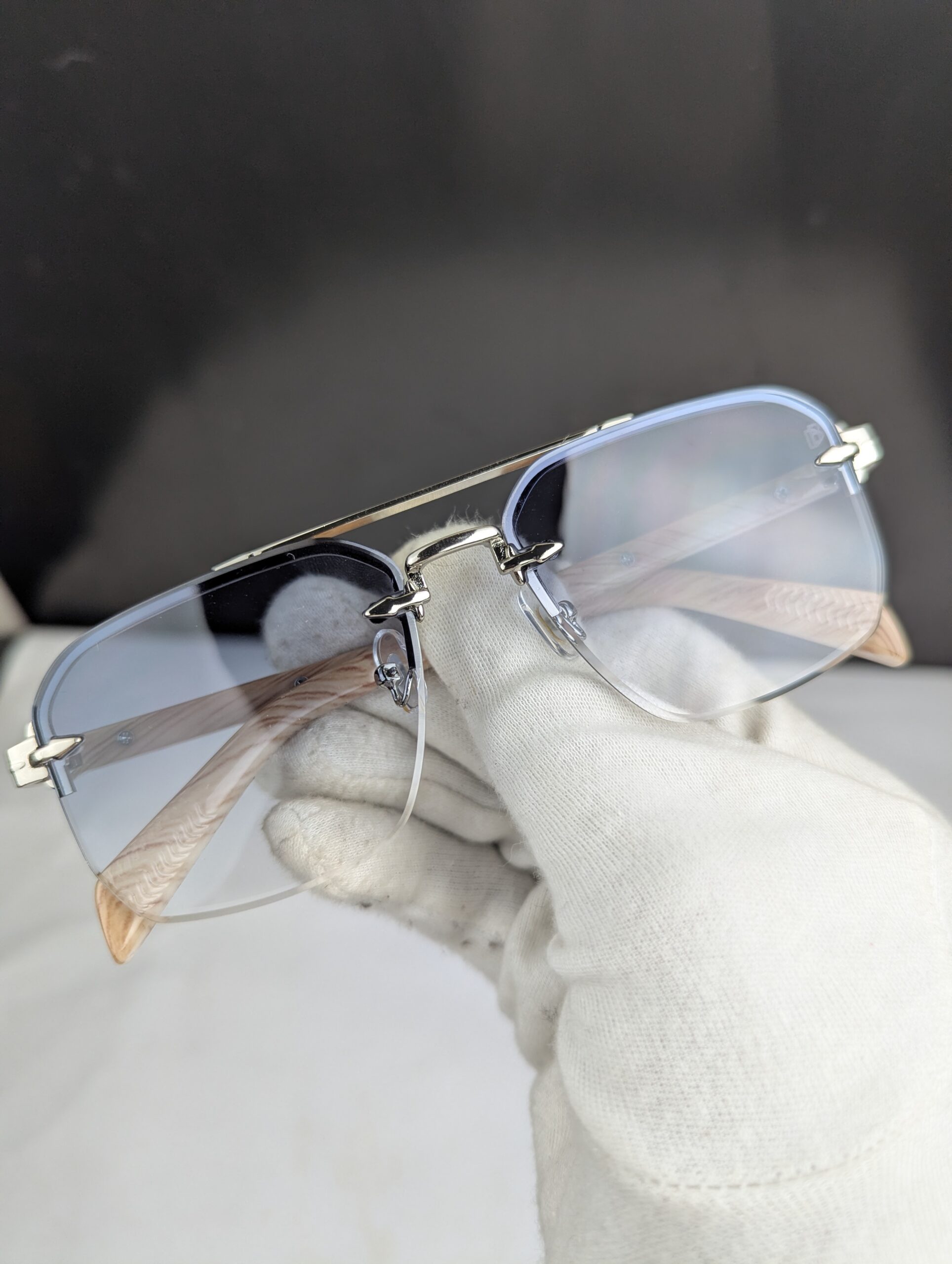 Luxury Rimless Square Sunglasses with Light Wood Grain Temples & Gradient Blue Lenses