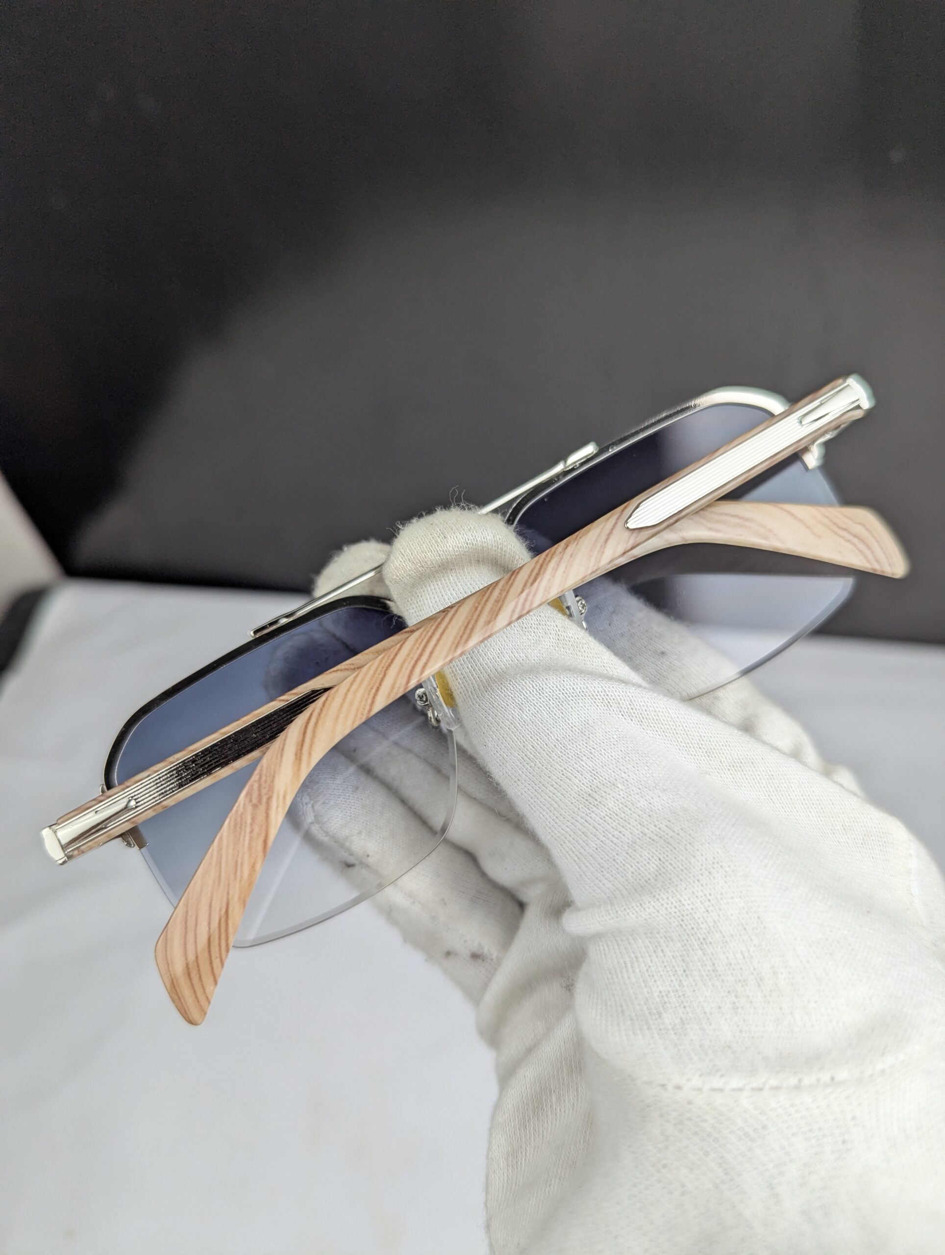 Luxury Rimless Square Sunglasses with Light Wood Grain Temples & Gradient Blue Lenses - Image 3