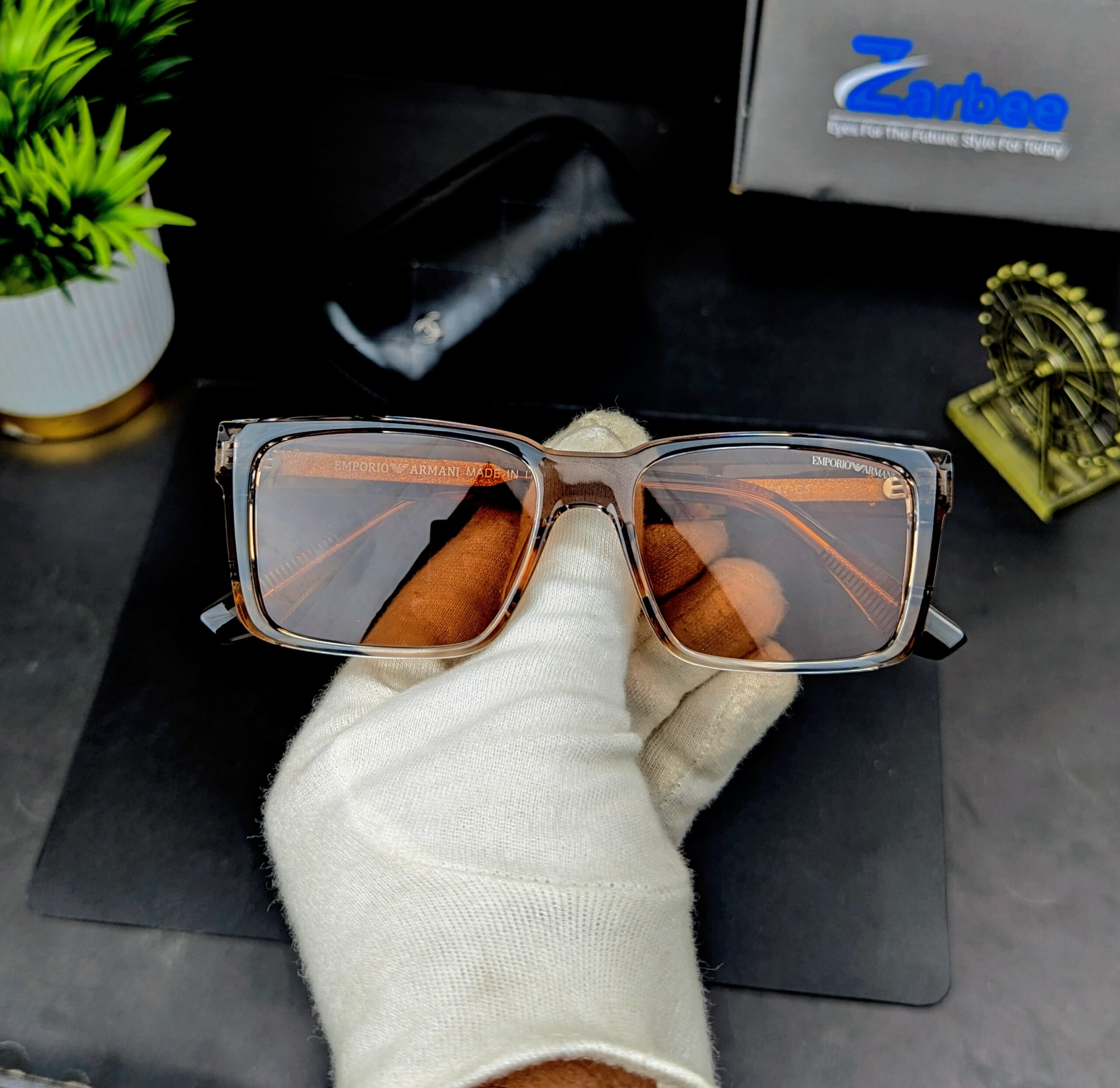 Emporio Armani Designer Transparent Brown Rectangular Sunglasses / Eyeglasses - Image 3