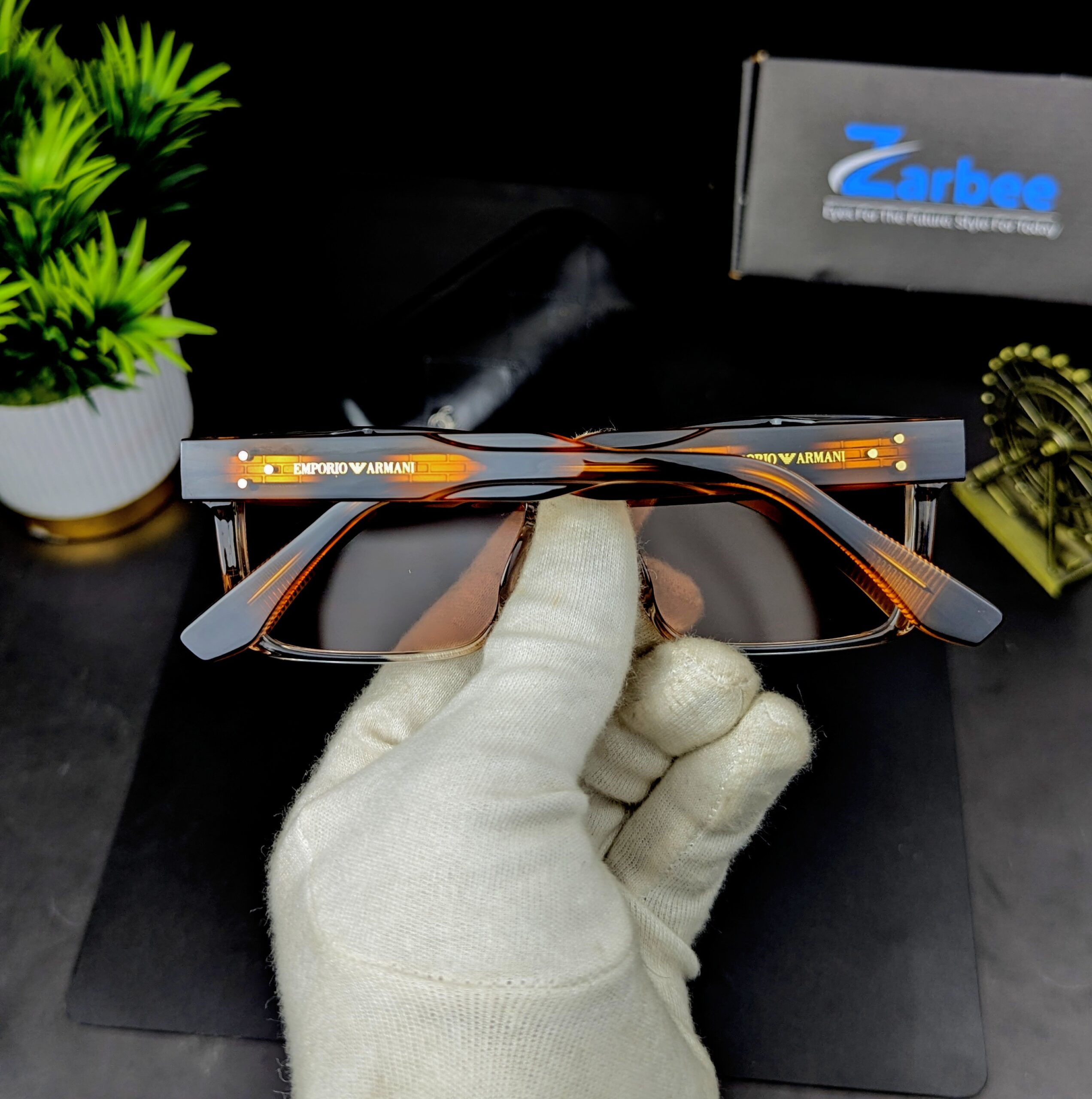 Emporio Armani Designer Transparent Brown Rectangular Sunglasses / Eyeglasses - Image 2
