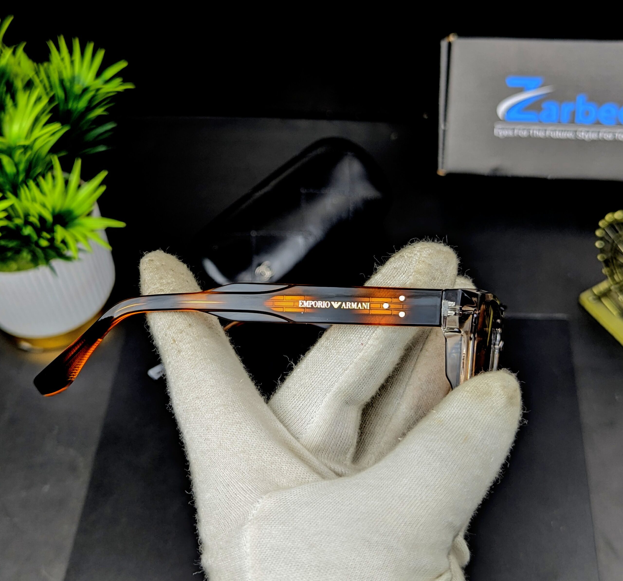 Emporio Armani Designer Transparent Brown Rectangular Sunglasses / Eyeglasses - Image 4