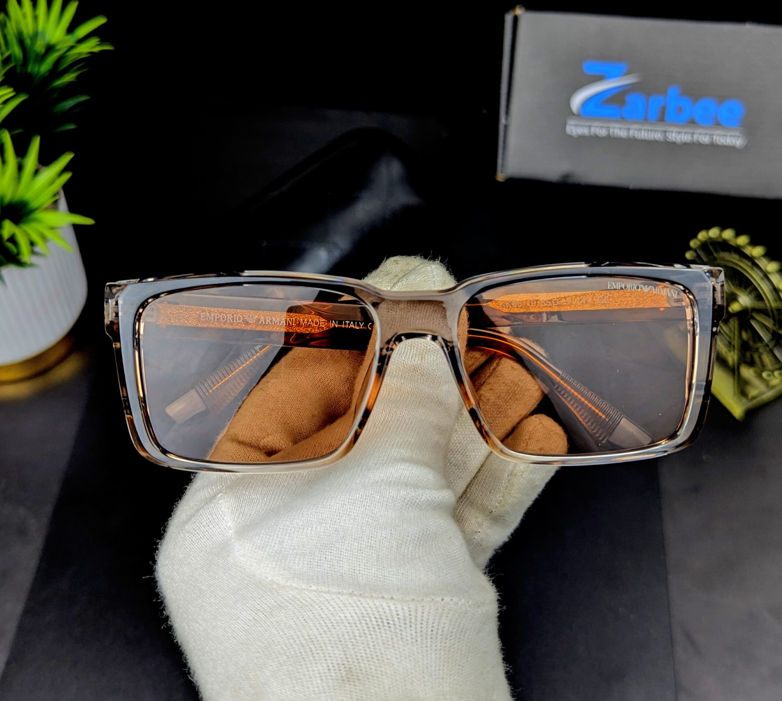 Emporio Armani Designer Transparent Brown Rectangular Sunglasses / Eyeglasses