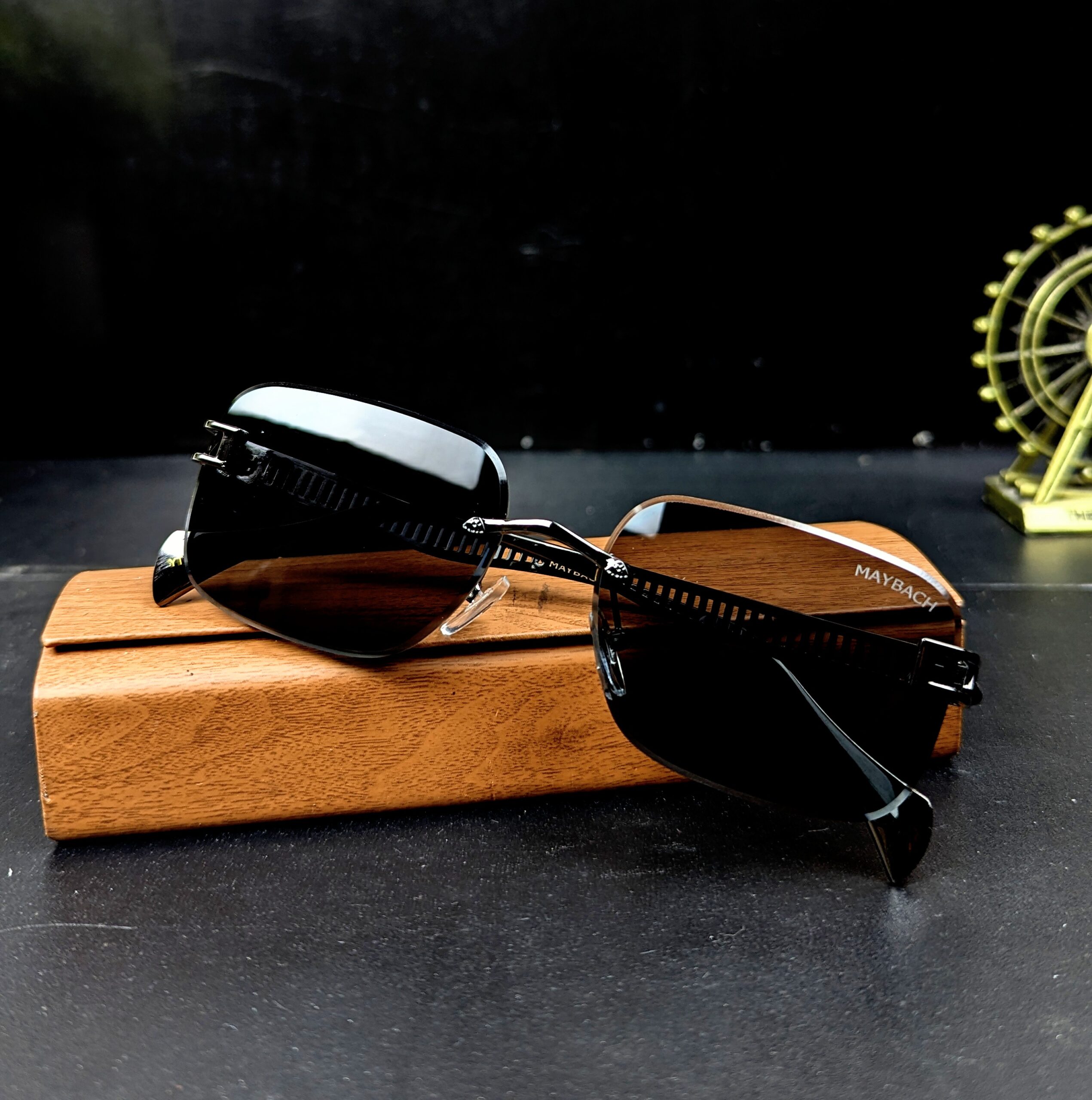 Maybach Premium Rimless Rectangular Sunglasses for Men – Black Lens with Wooden Case - Image 3