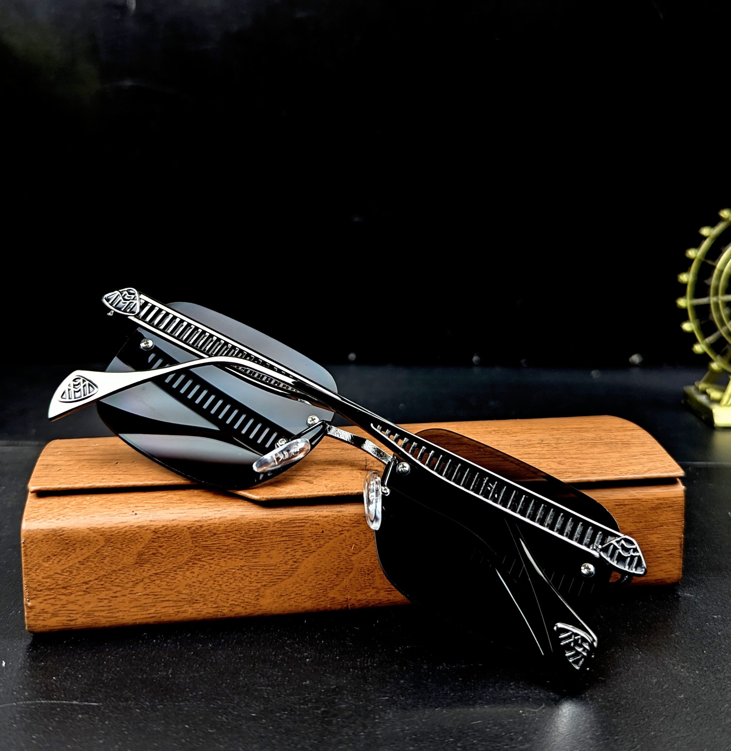 Maybach Premium Rimless Rectangular Sunglasses for Men – Black Lens with Wooden Case - Image 4