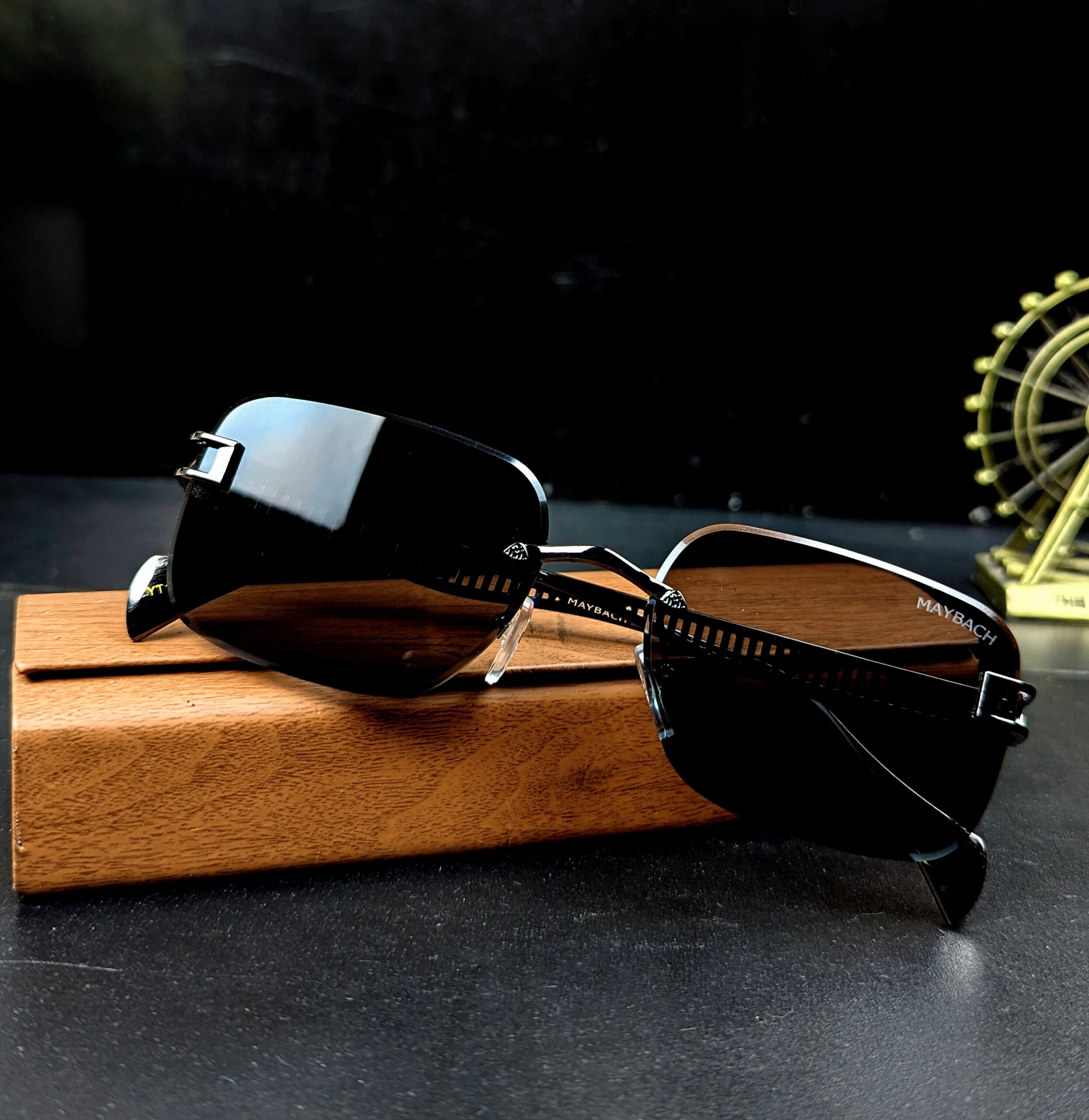 Maybach Premium Rimless Rectangular Sunglasses for Men – Black Lens with Wooden Case