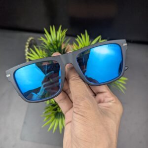PRADA Matte Black Square Sunglasses with Blue Mirror Lenses