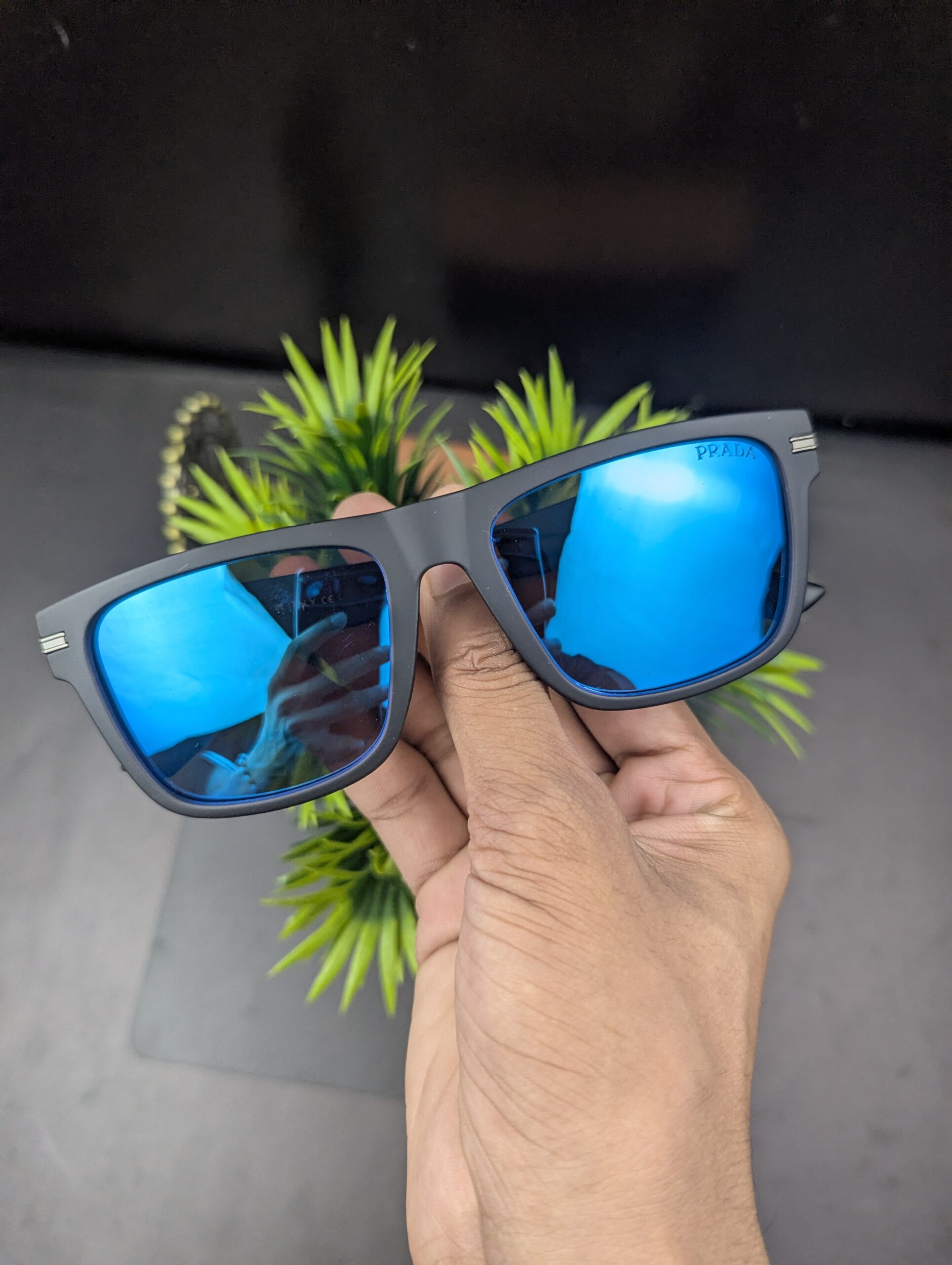 PRADA Matte Black Square Sunglasses with Blue Mirror Lenses