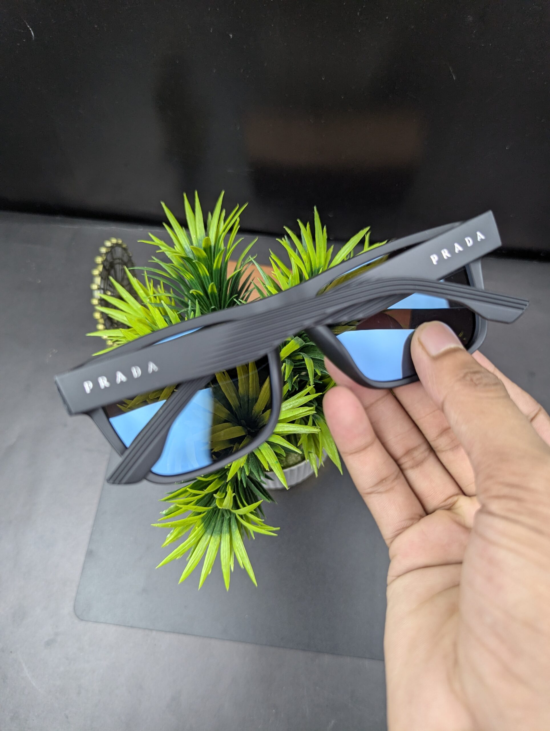 PRADA Matte Black Square Sunglasses with Blue Mirror Lenses - Image 2