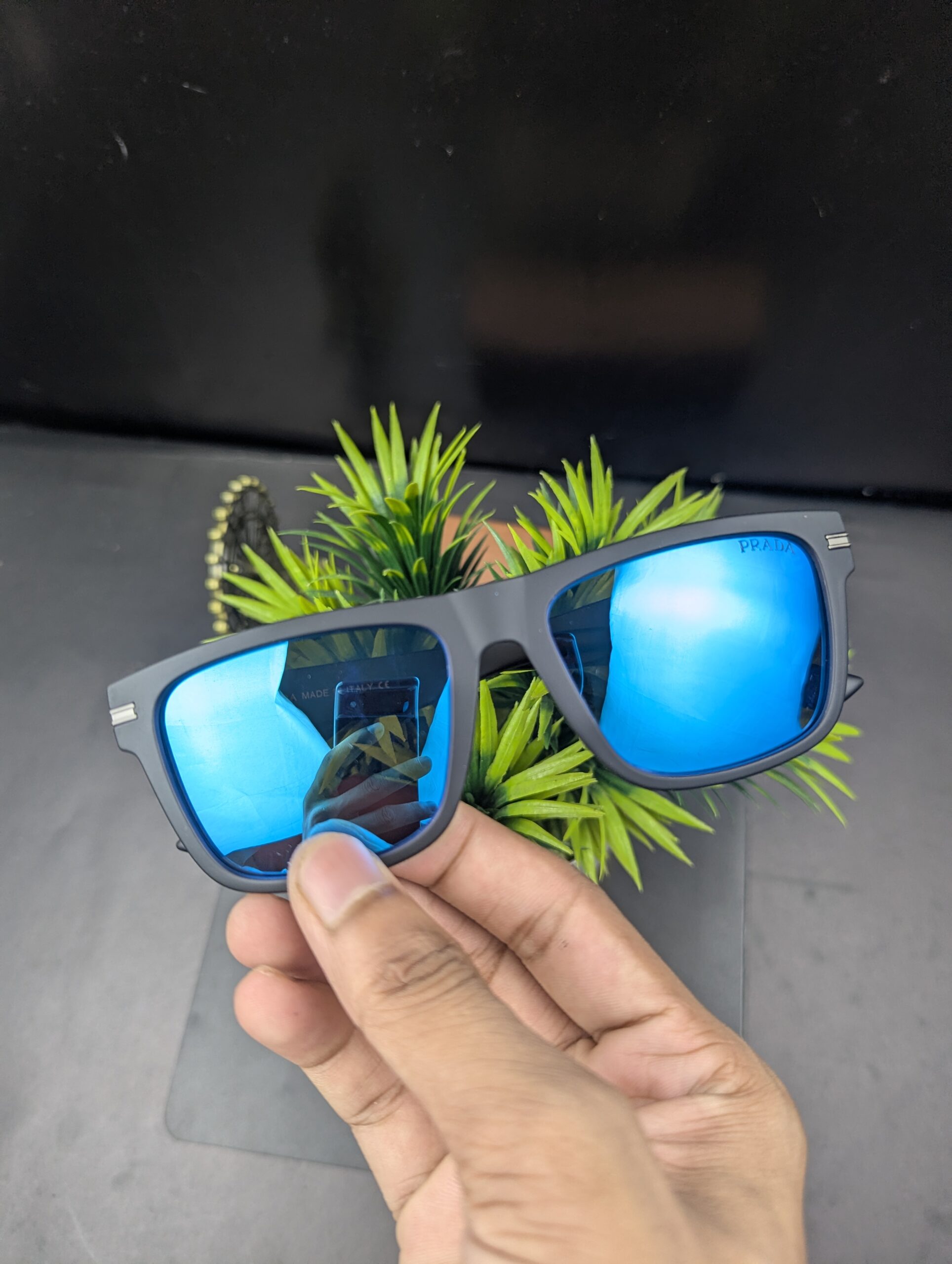 PRADA Matte Black Square Sunglasses with Blue Mirror Lenses - Image 4
