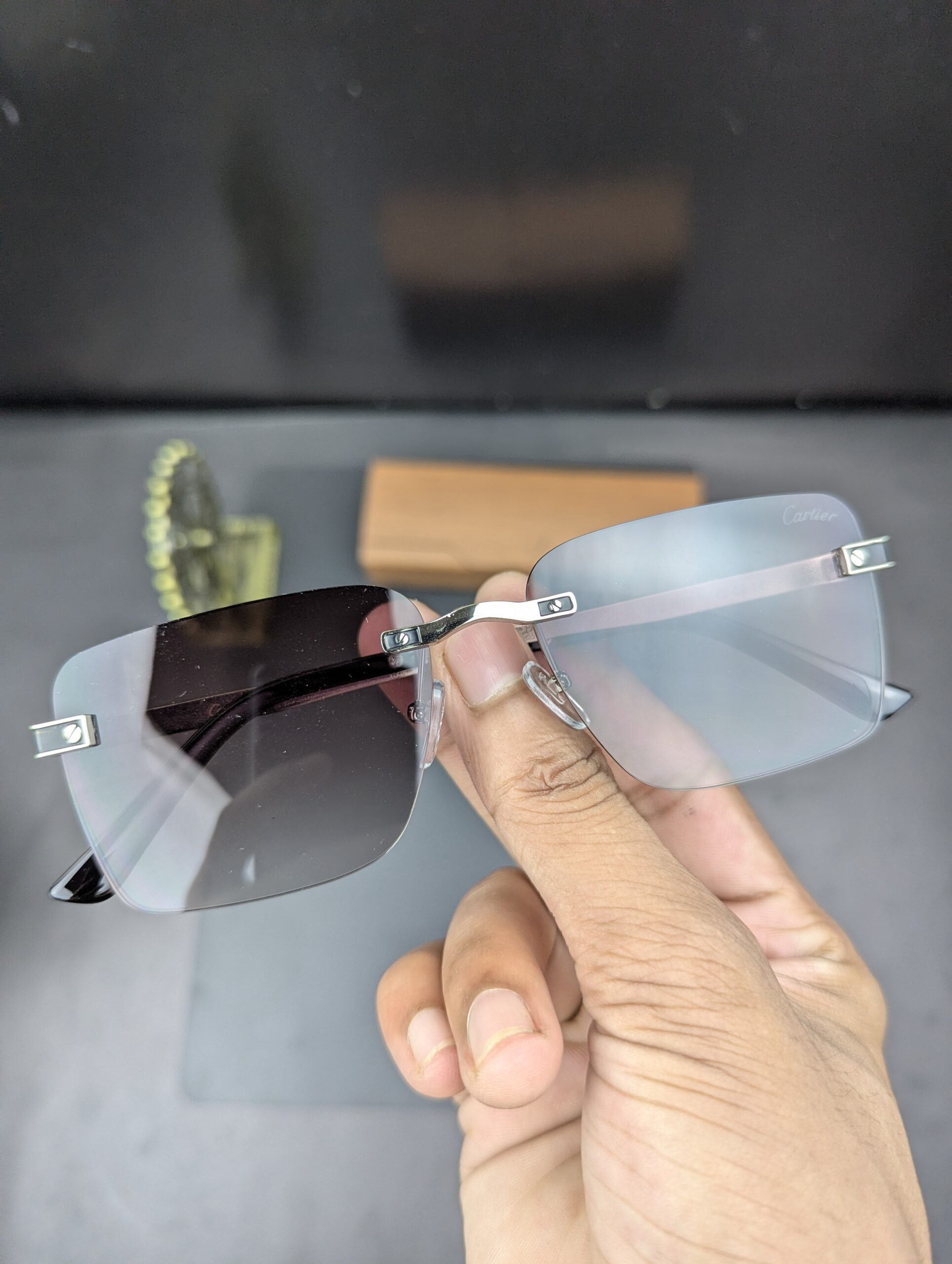 Cartier Style Rimless Silver Frame Rectangular Sunglasses / Eyeglasses - Image 4