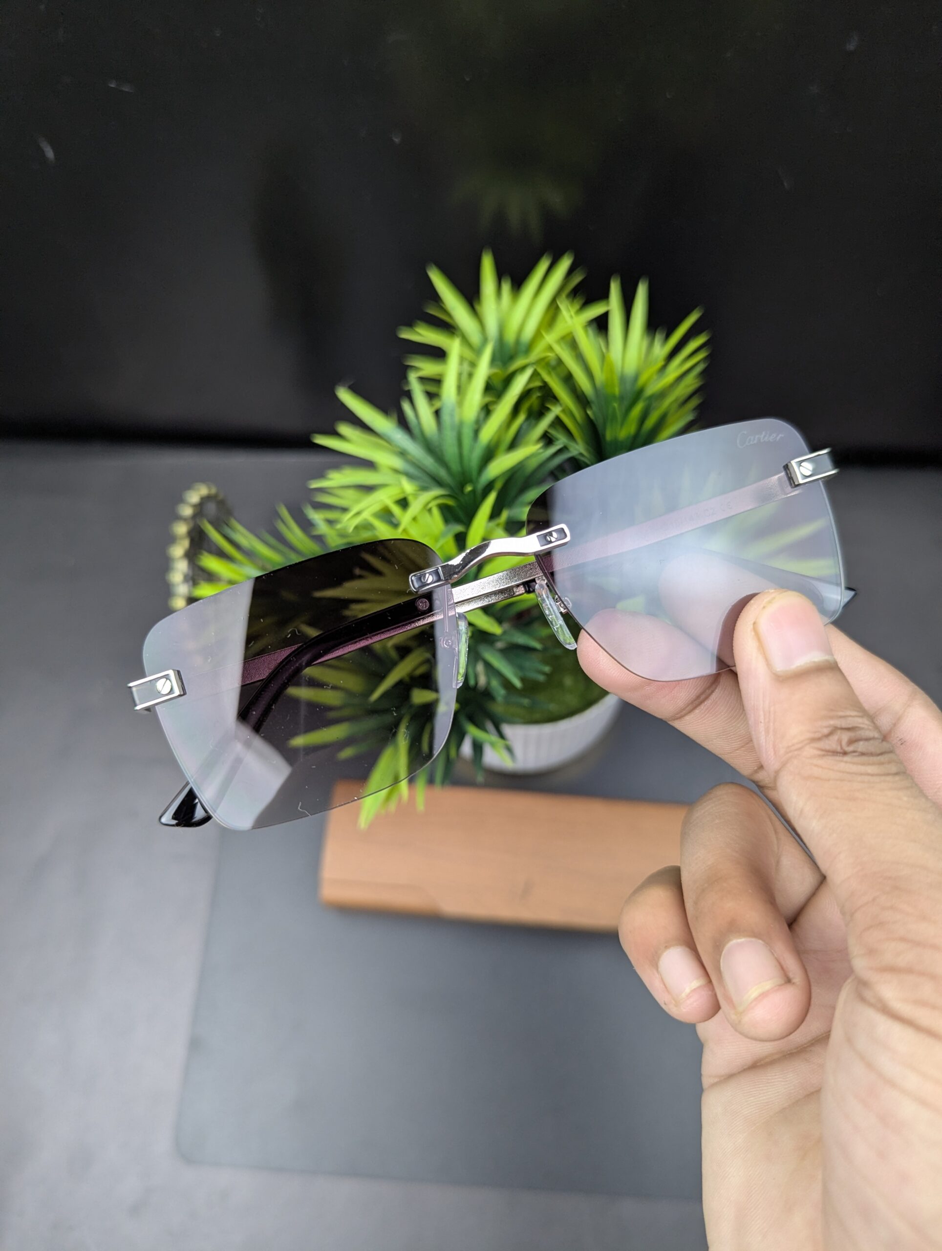 Cartier Style Rimless Silver Frame Rectangular Sunglasses / Eyeglasses