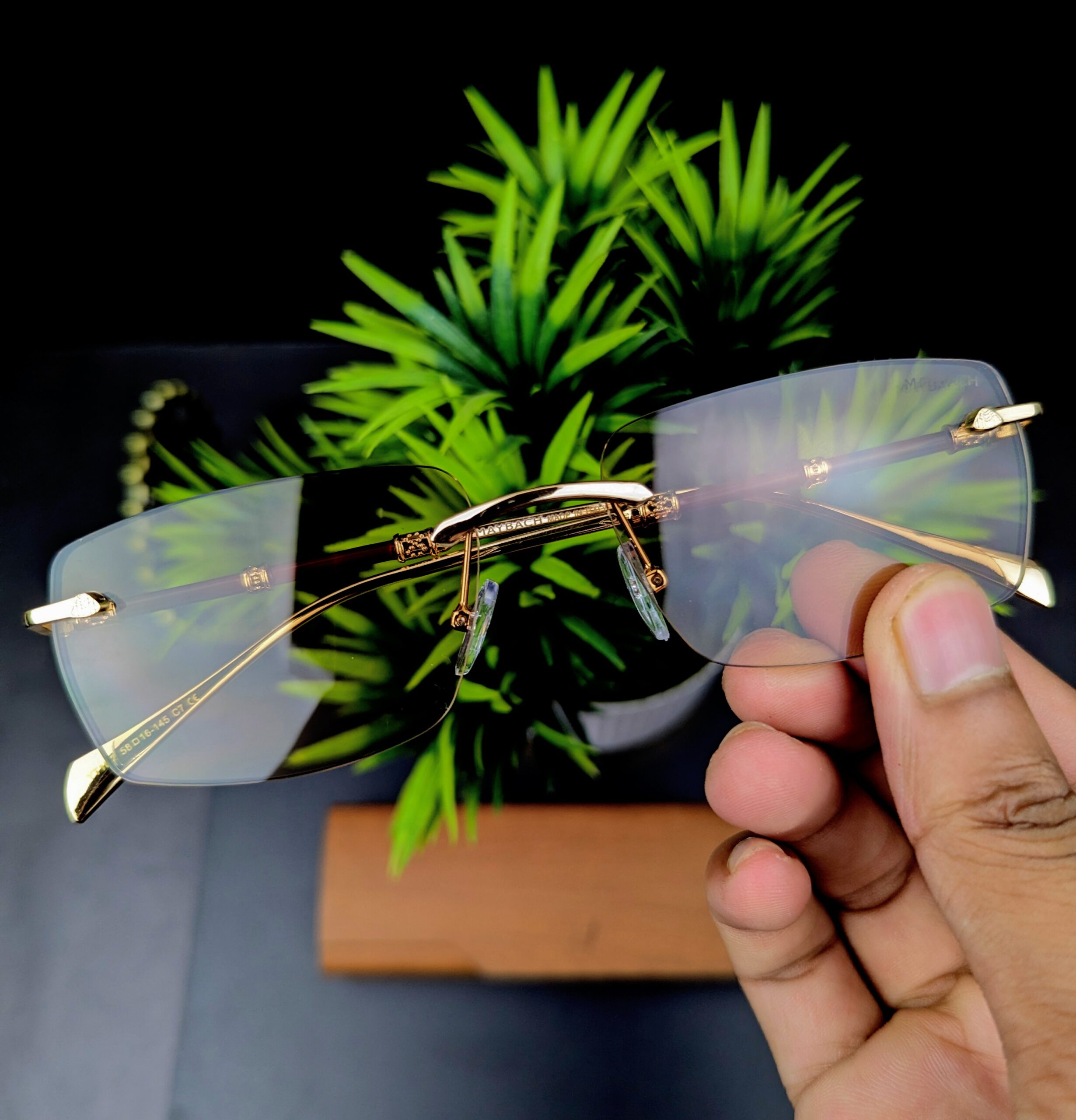Luxury Rimless Gold & Wood Grain Temple Eyeglasses / Gradient Sunglasses - Image 5