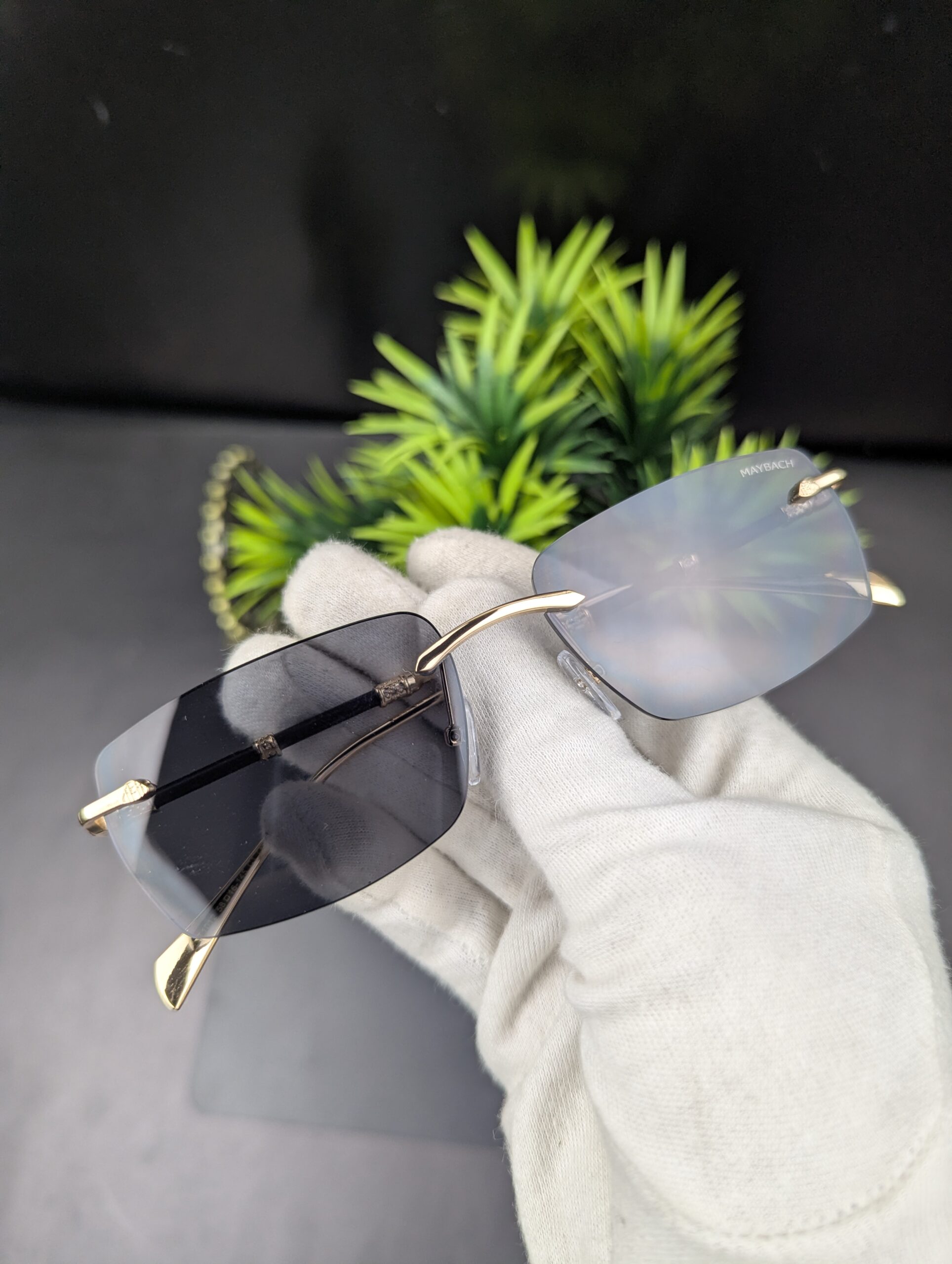 Luxury Rimless Rectangular Sunglasses – Gold & Grey Tint - Image 4