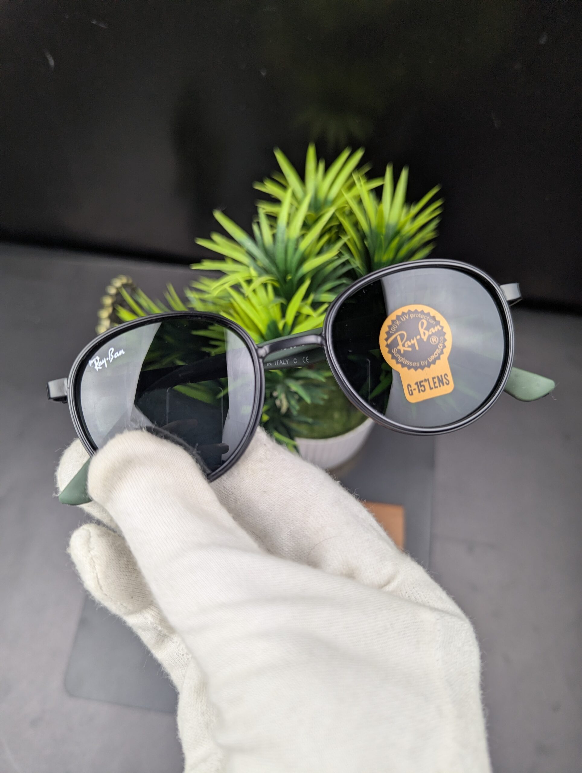 Classic Matte Black Round Sunglasses – Green Temple Tips & Dark G-15 Lenses - Image 4
