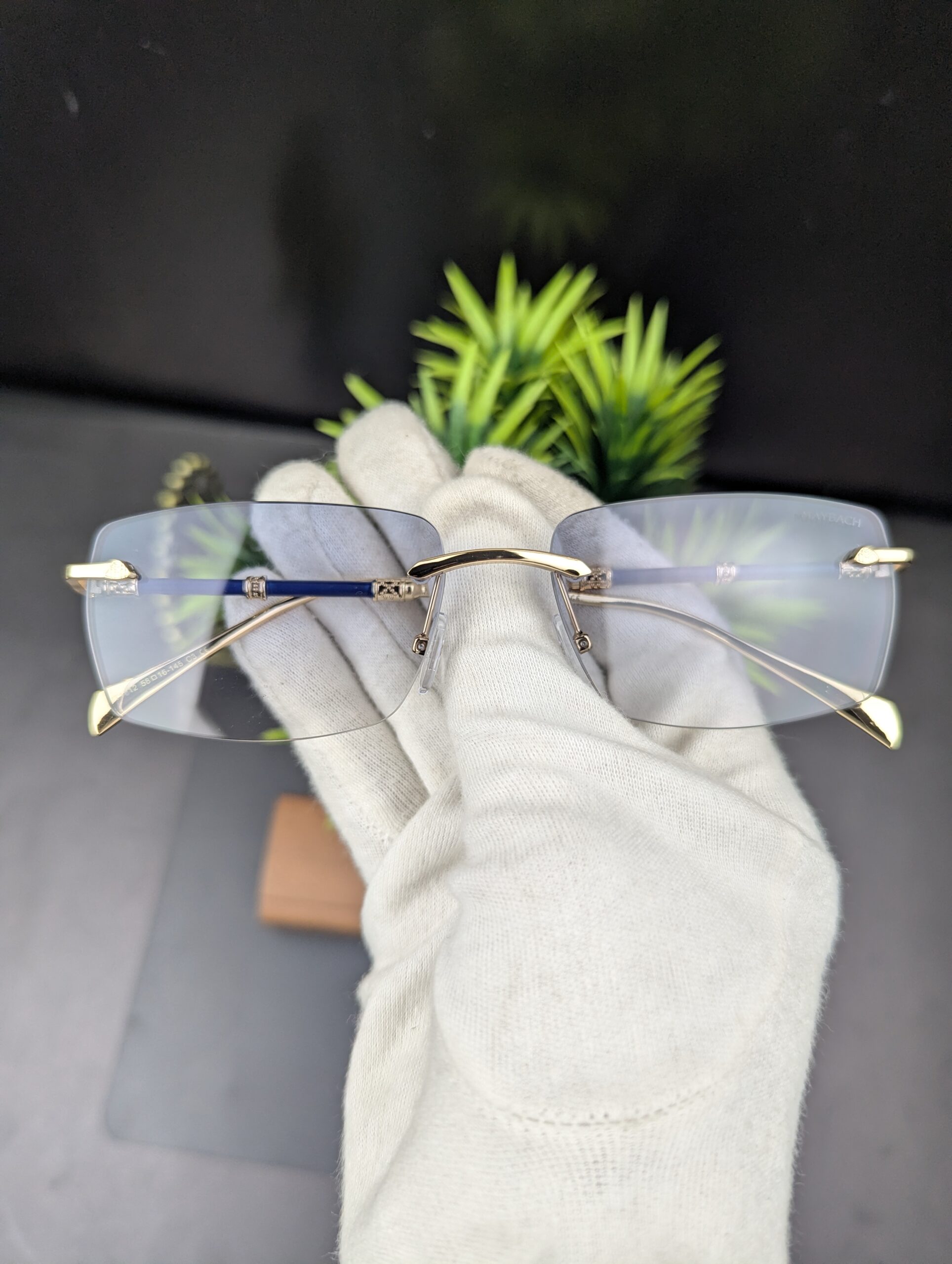 Luxury Rimless Rectangular Eyeglasses – Gold & Blue Gradient Tint - Image 3