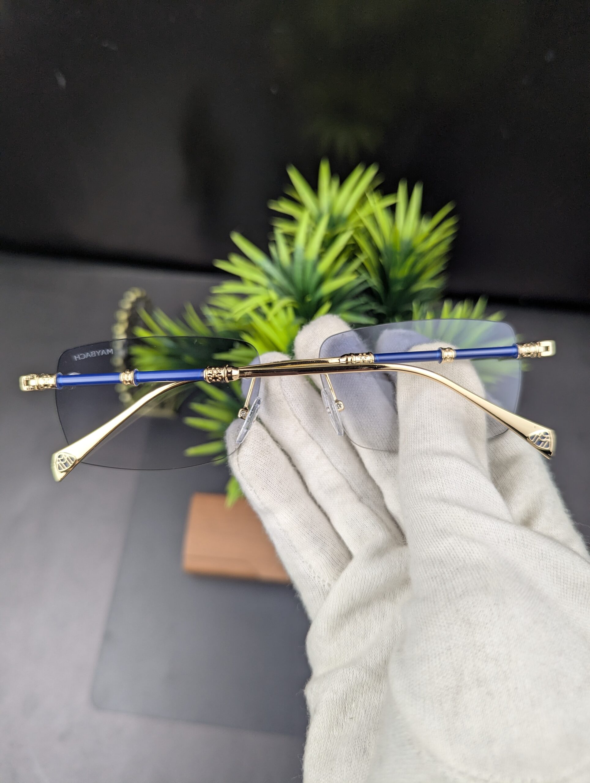 Luxury Rimless Rectangular Eyeglasses – Gold & Blue Gradient Tint - Image 2