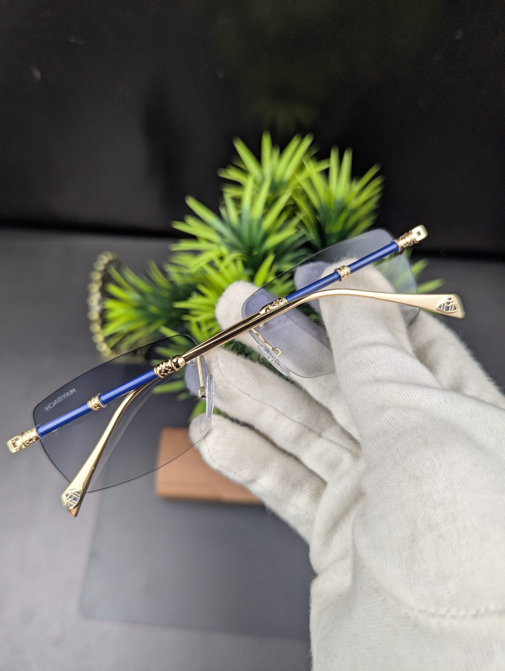 Luxury Rimless Rectangular Eyeglasses – Gold & Blue Gradient Tint - Image 4