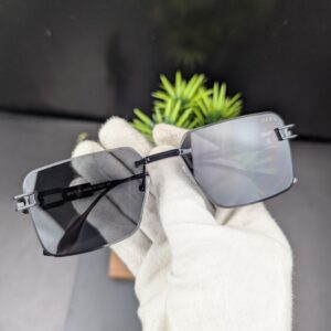 Modern All-Black Rimless Rectangular Sunglasses – Matte Black Metal Temples with Dark Tint Lenses
