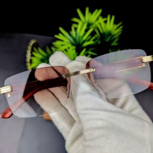 Luxury Rimless Rectangular Eyeglasses – Gold Bridge & Wood Grain Temples with Brown Gradient Lenses