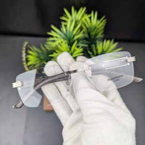 Luxury Rimless Rectangular Eyeglasses – Silver Bridge & Dark Wood Grain Temples with Photochromic Lenses