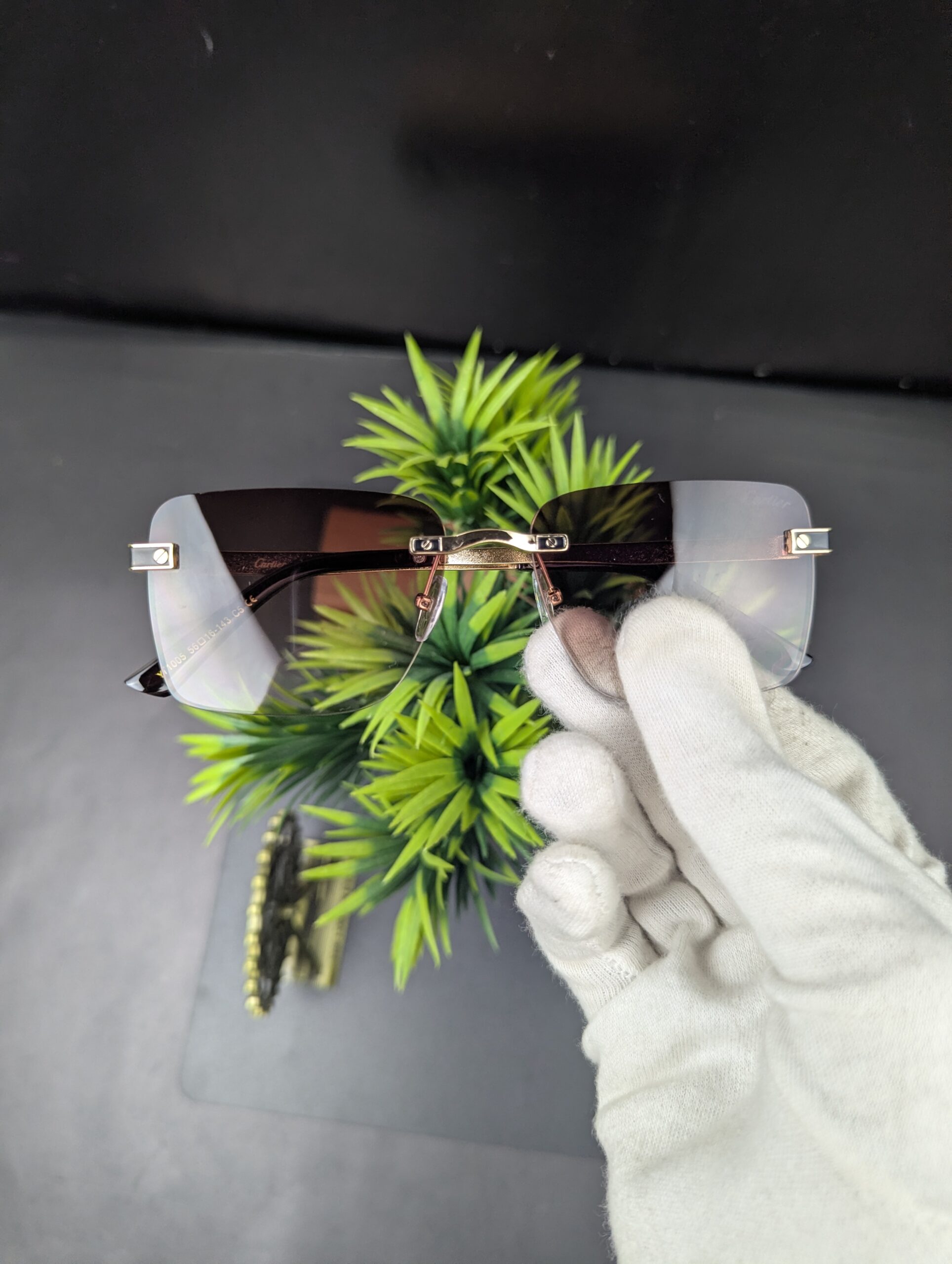 Cartier Style Rimless Rectangle Sunglasses – Rose Gold Accents with Brown Gradient Lenses - Image 2
