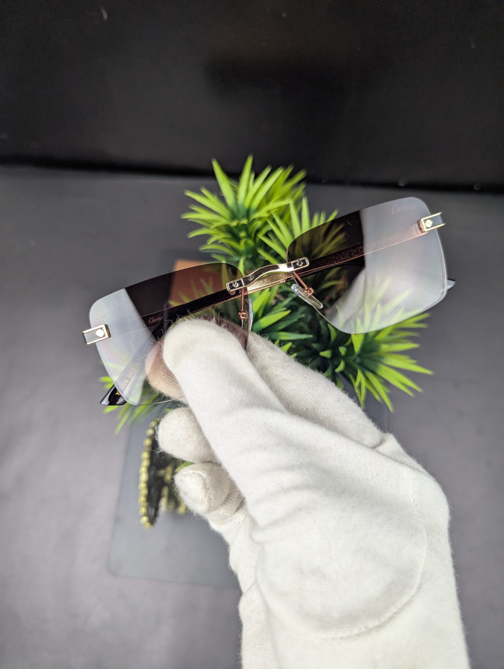 Cartier Style Rimless Rectangle Sunglasses – Rose Gold Accents with Brown Gradient Lenses - Image 3