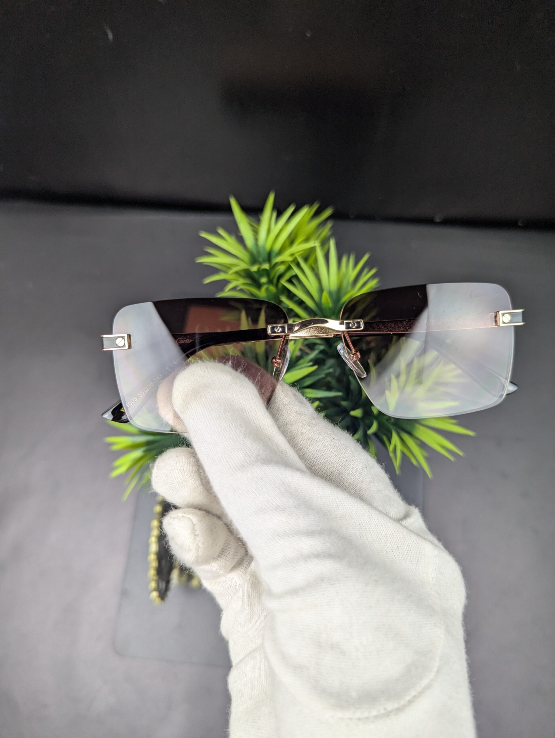 Cartier Style Rimless Rectangle Sunglasses – Rose Gold Accents with Brown Gradient Lenses - Image 5